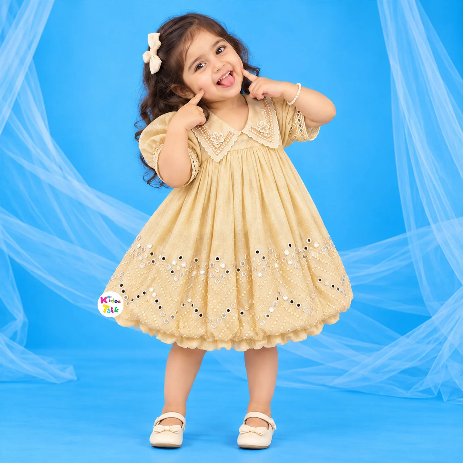 Cotton Puff Sleeve Midi Frock With Hakoba Embroidery - Cream