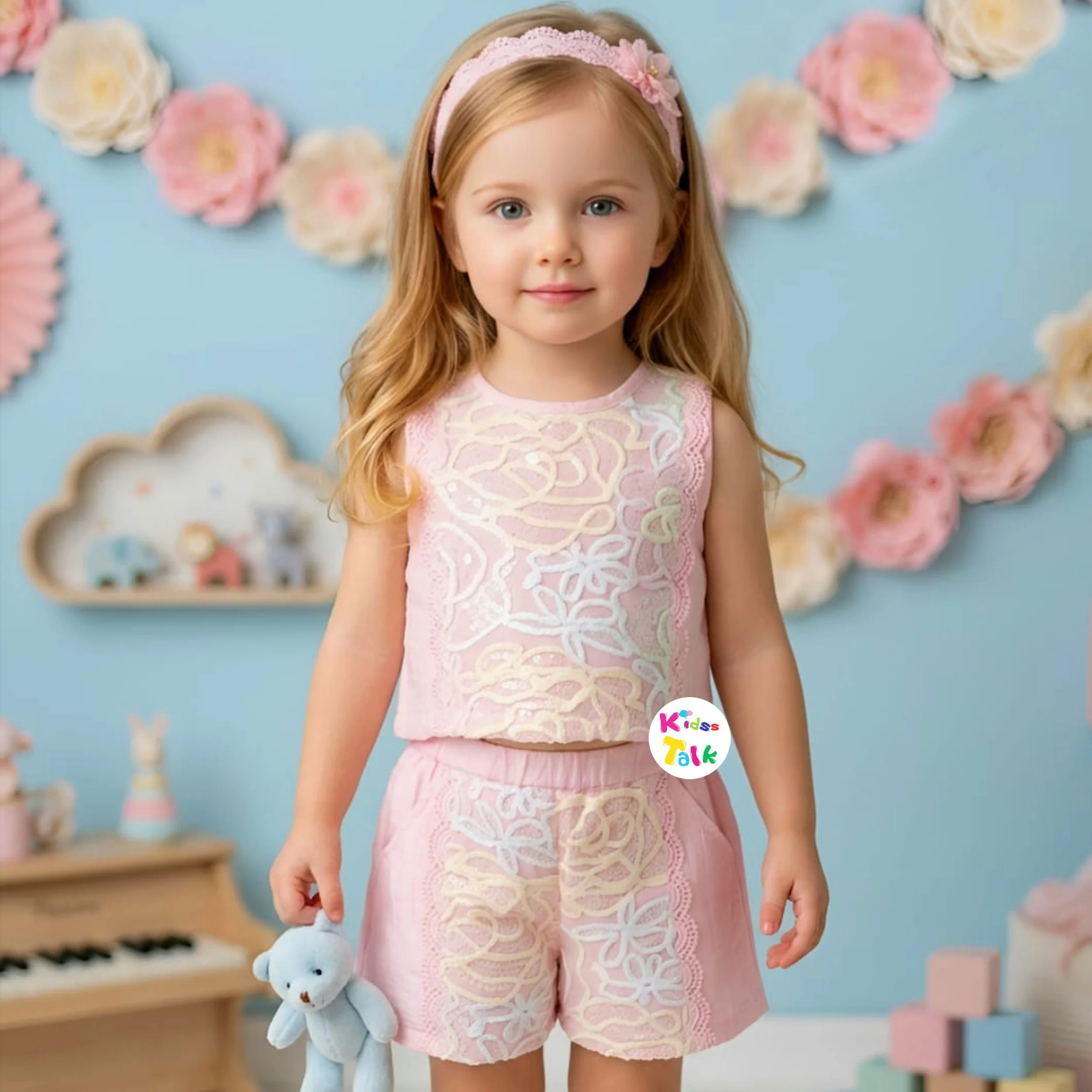 Cotton Sleeveless Top With Sequins Work & Half Pant - Baby Pink