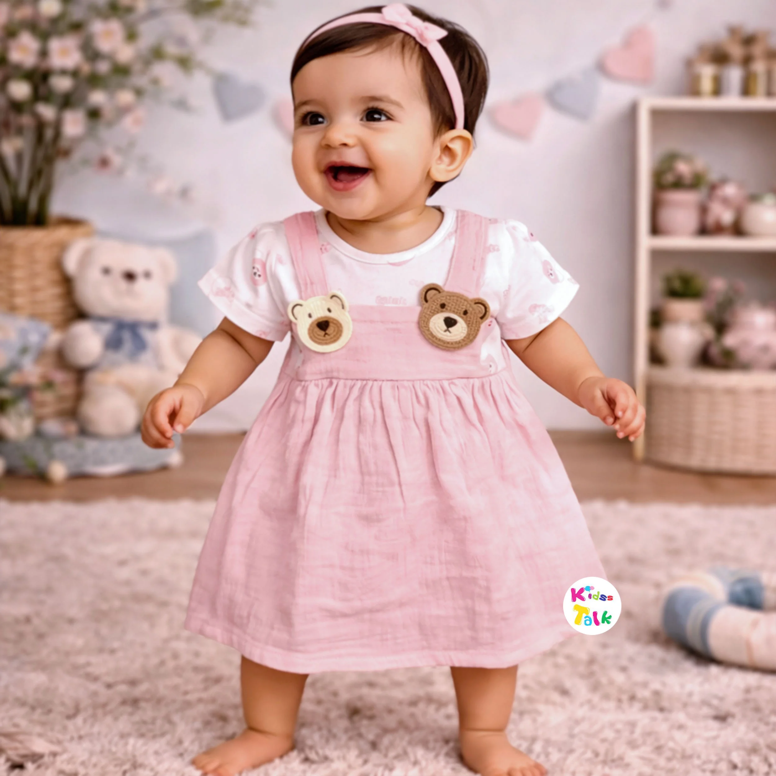 Muslin Half Sleeve Frock With Cute Print - Baby Pink
