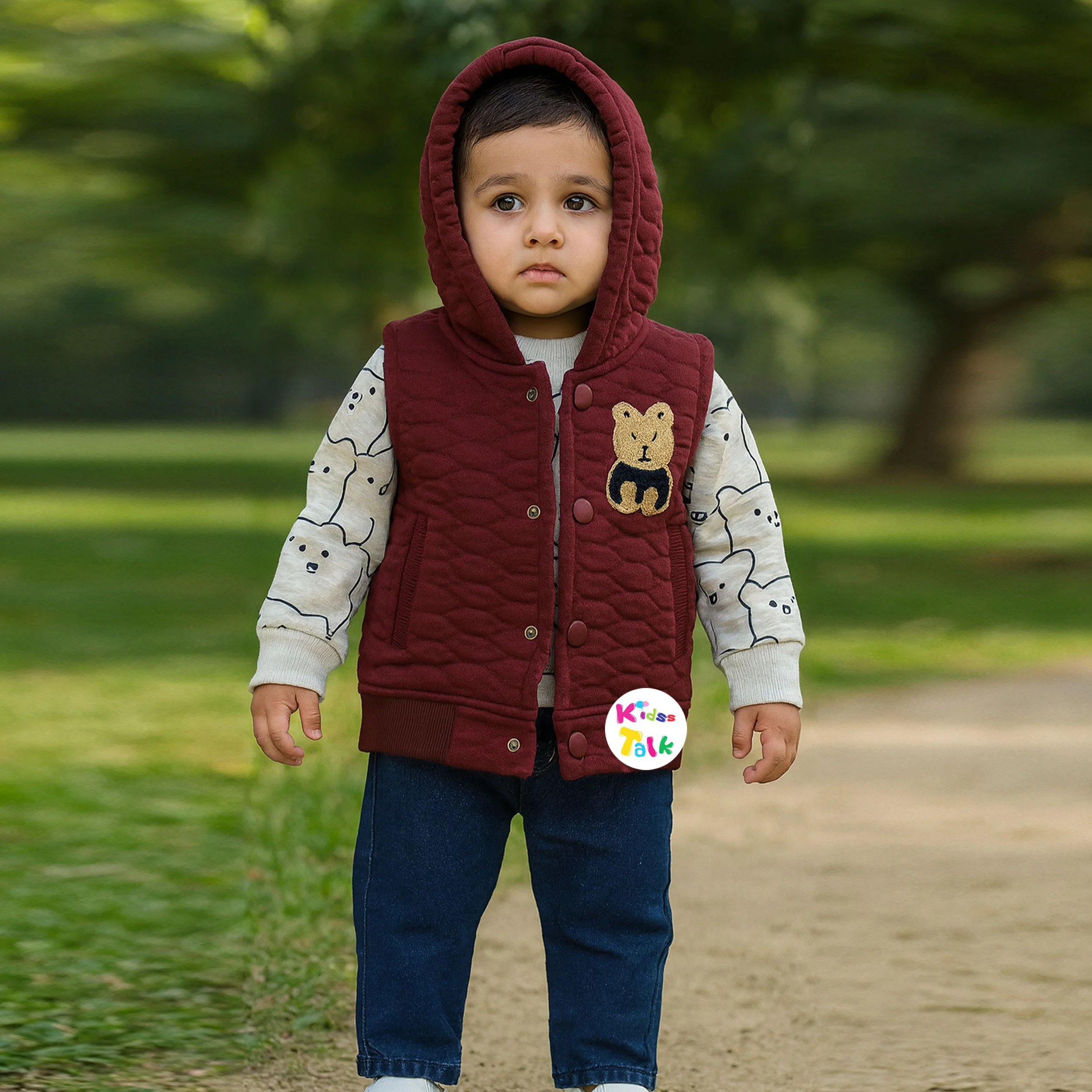 Cotton Full Sleeve T-shirt With Jacket & Full Pant - Maroon