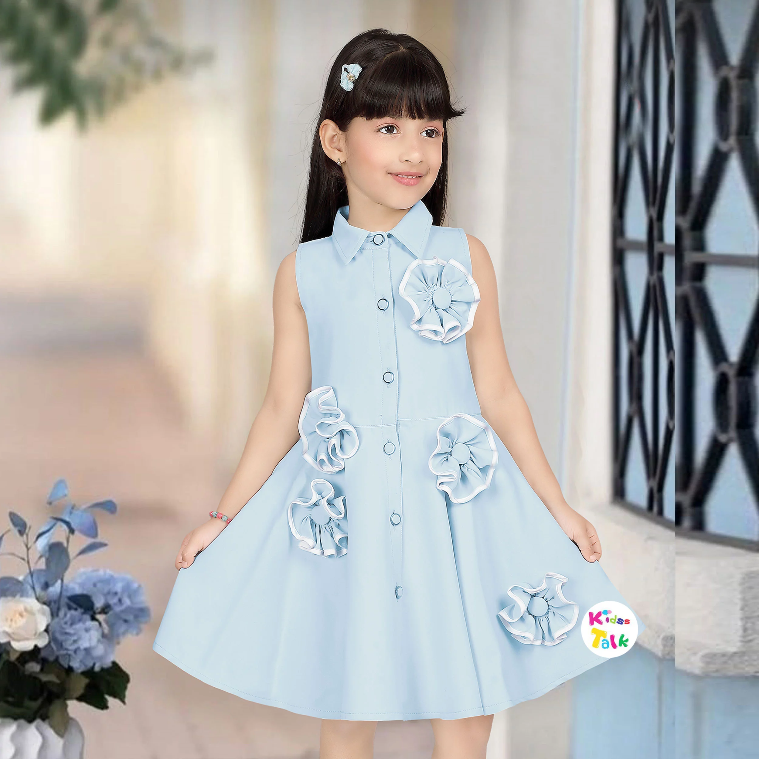 Soft Georgette Sleeveless Frock With Flower Applique - Ice Blue