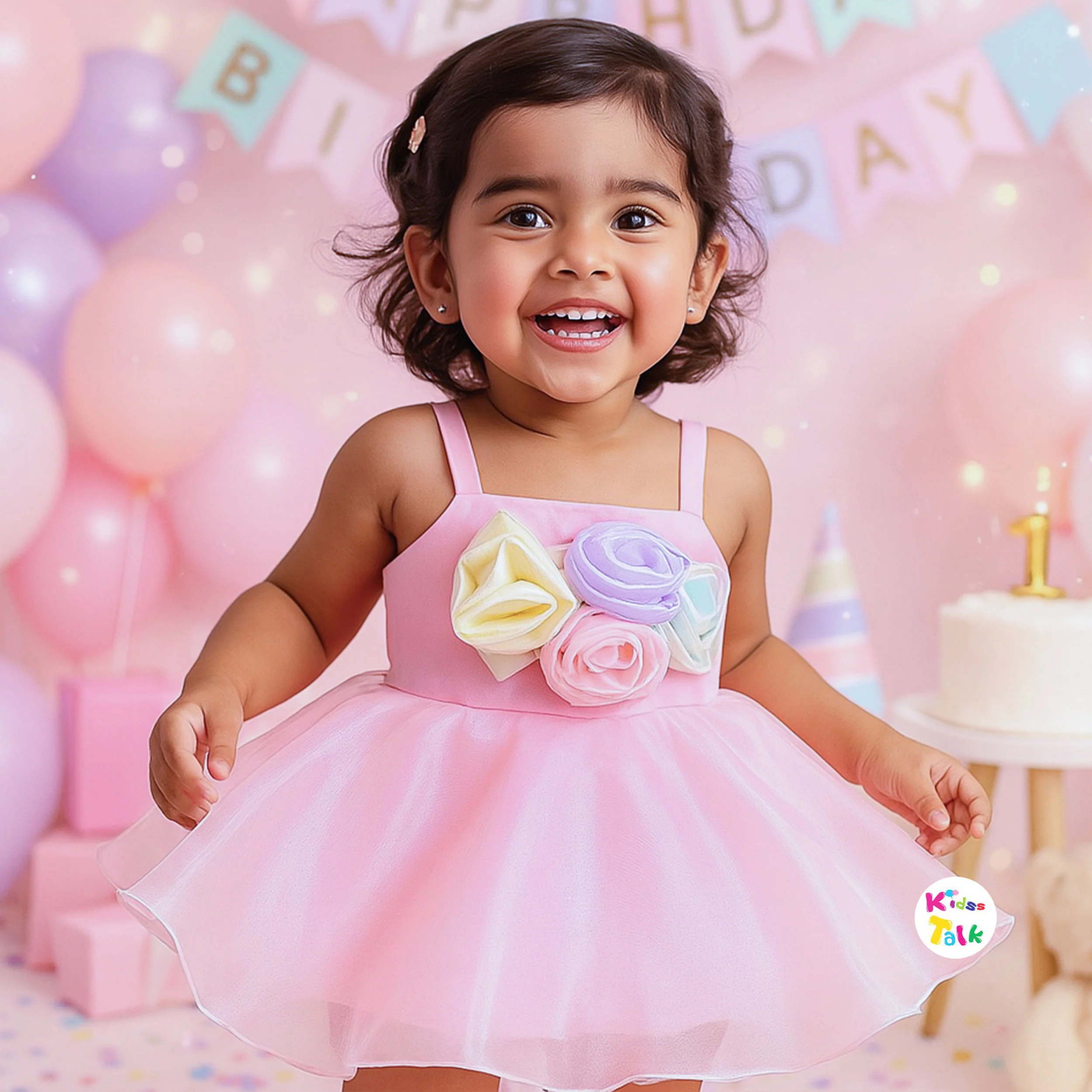 Satin Sleeveless Party Frock With Flower Applique - Baby Pink