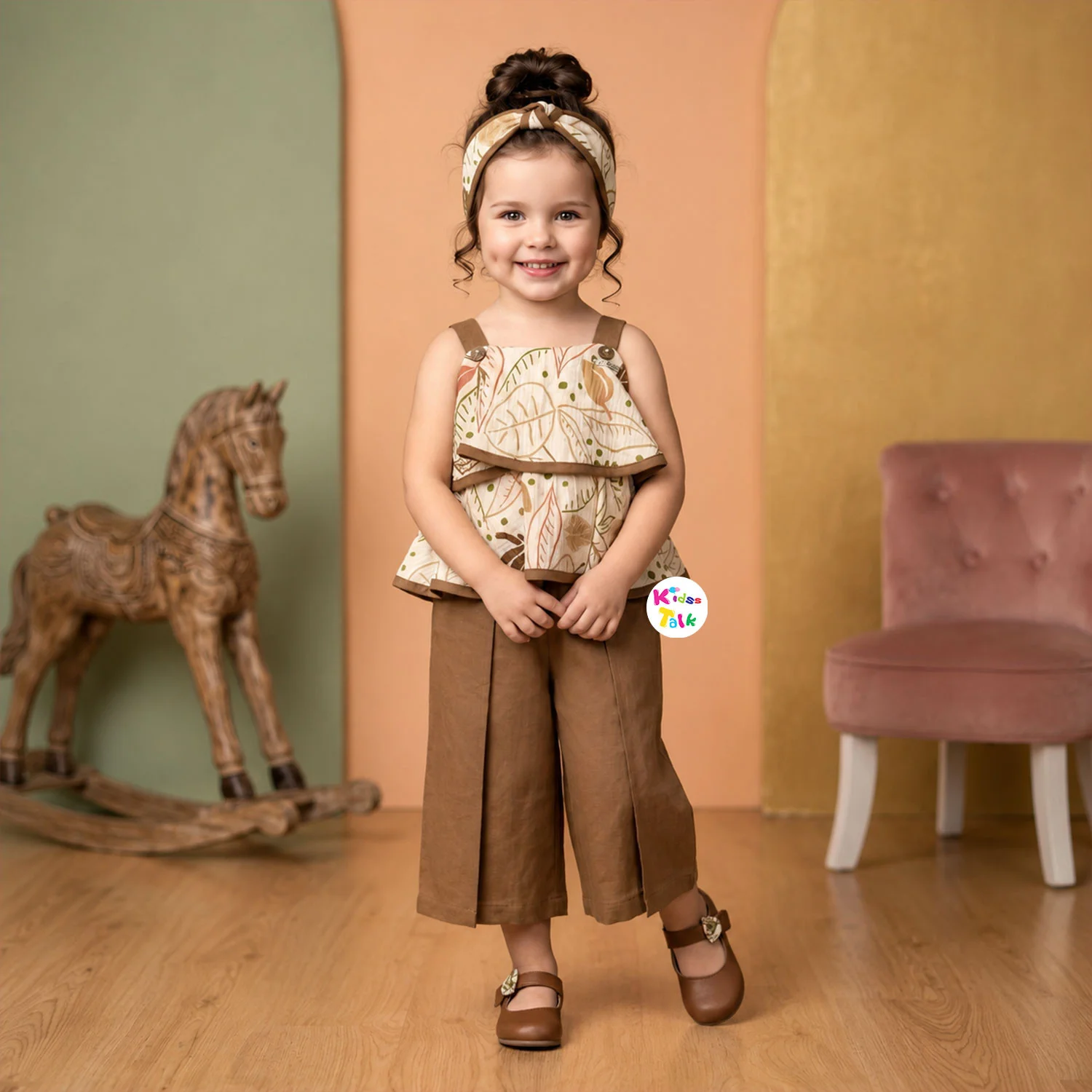 Cotton Spaghetti Strap Tropical Print Layered Top With Culottes - Brown