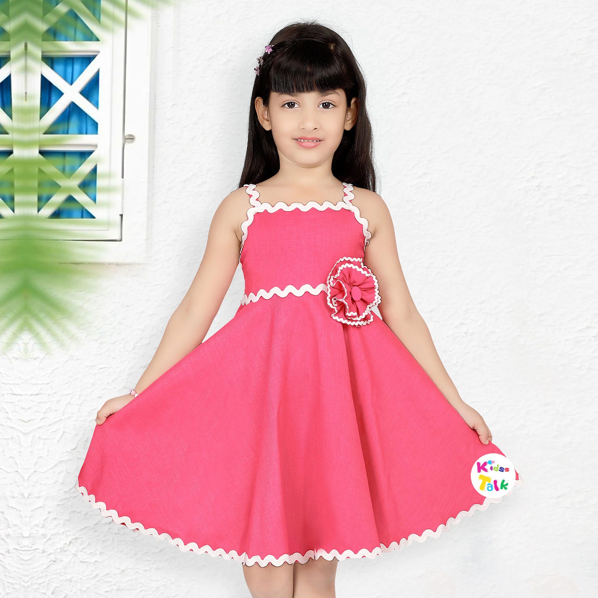 Soft Cotton Sleeveless Frock With Cute Side Bag - Flamingo Pink