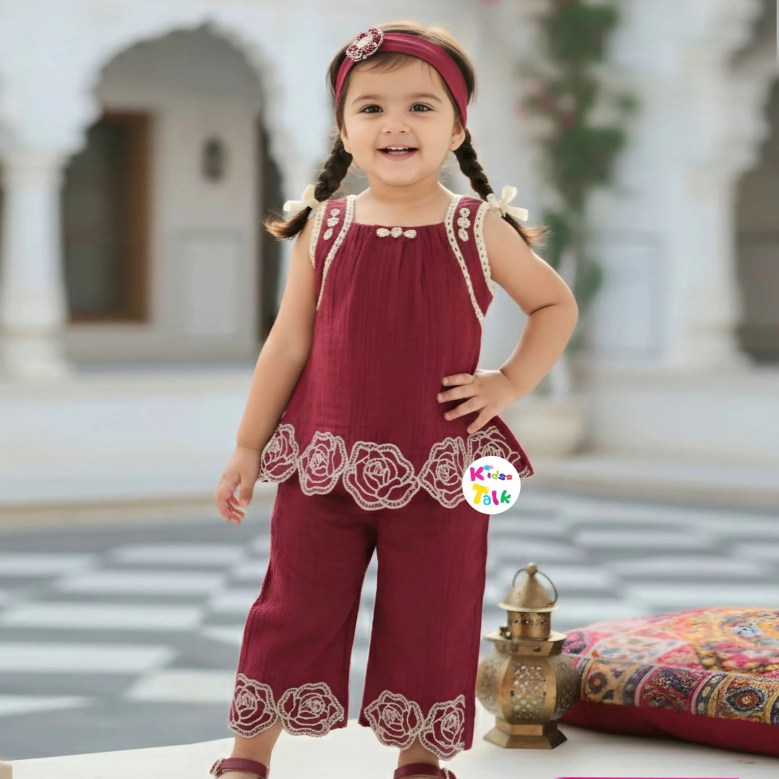 Cotton Sleeveless Top With Cute Patch Work & Culottes - Maroon