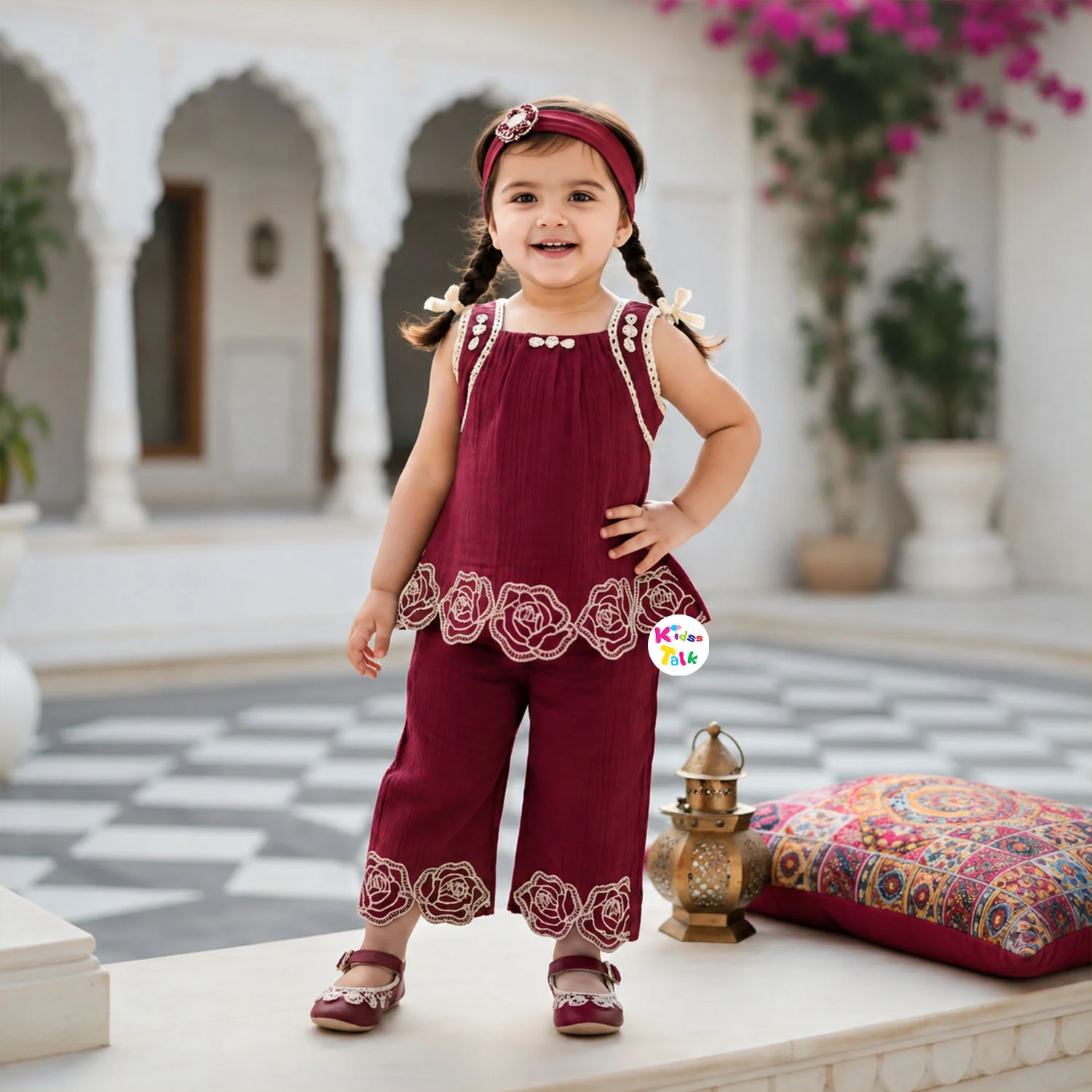 Cotton Sleeveless Top With Cute Patch Work & Culottes - Maroon