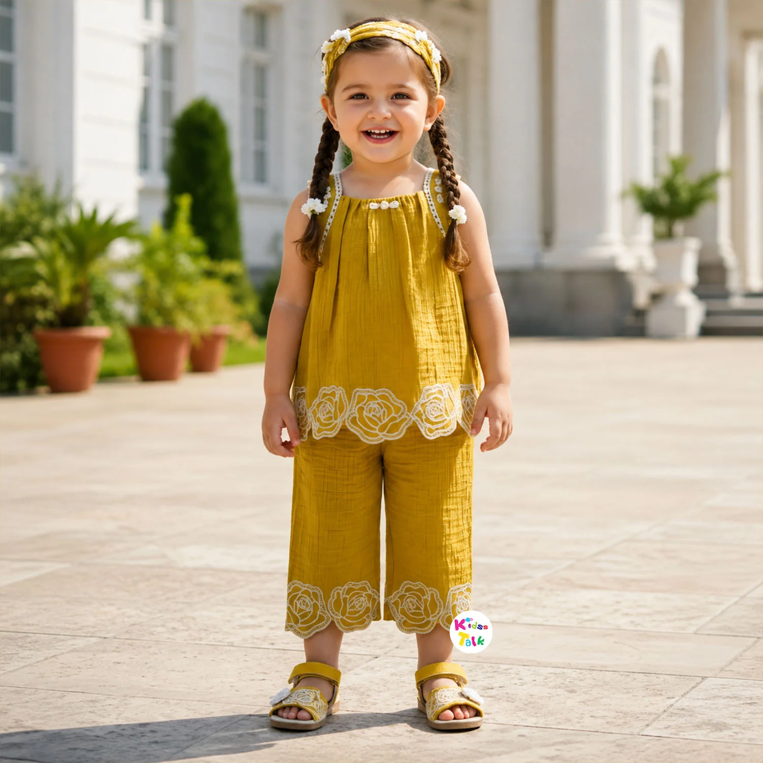 Cotton Sleeveless Top With Cute Patch Work & Culottes - Mustard