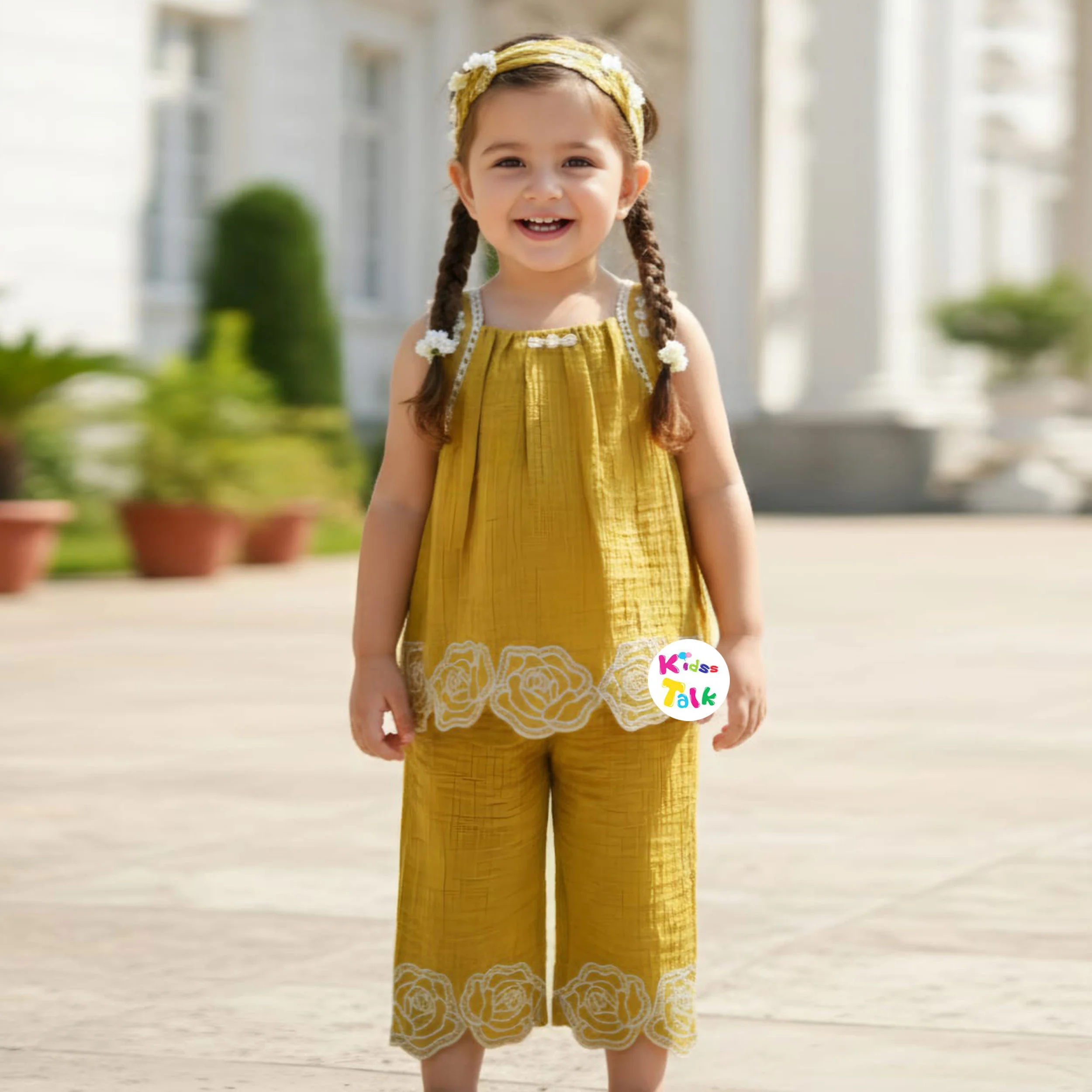 Cotton Sleeveless Top With Cute Patch Work & Culottes - Mustard