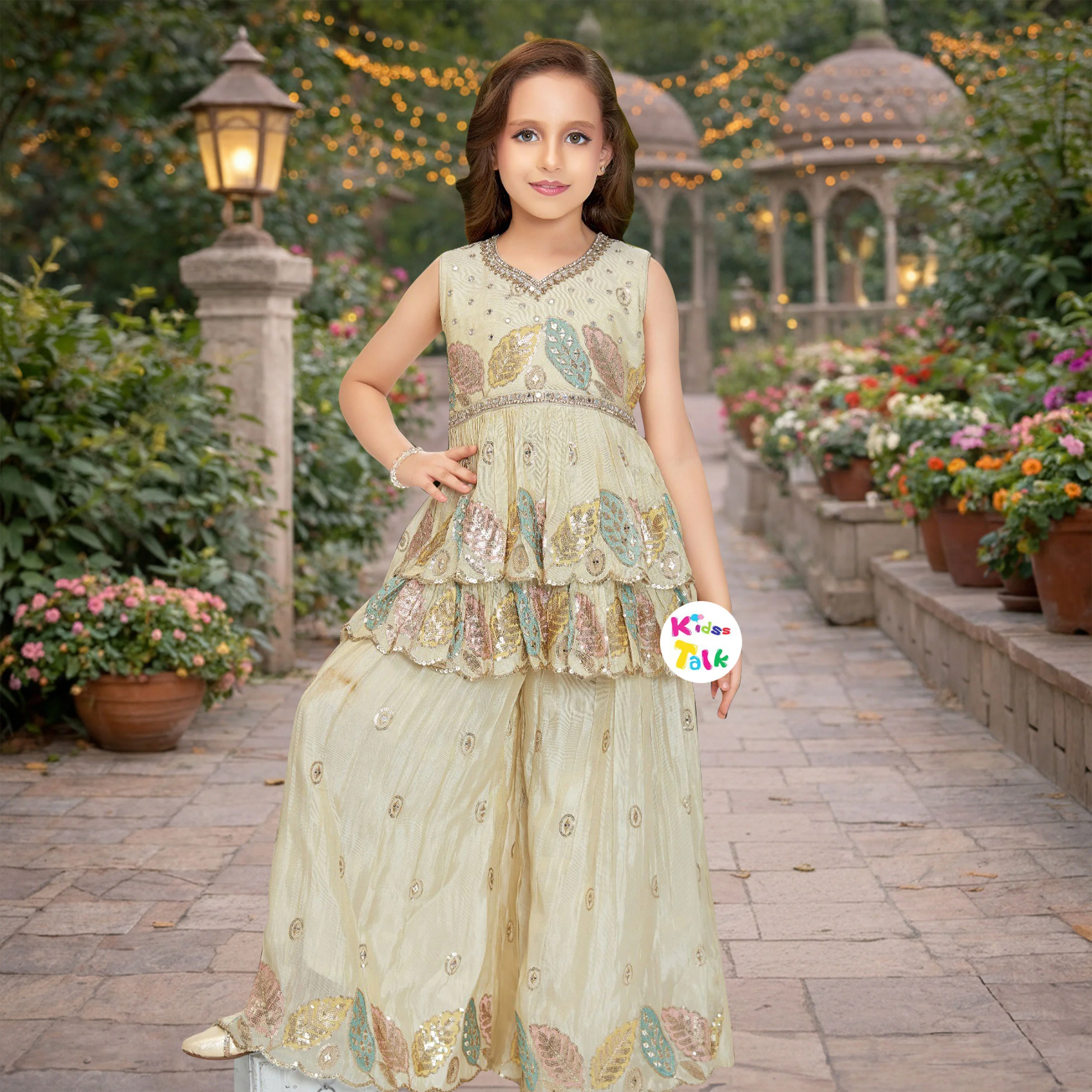 Cotton Silk Sleeveless Kurta With Zardhosi Work & Gharara - Beige