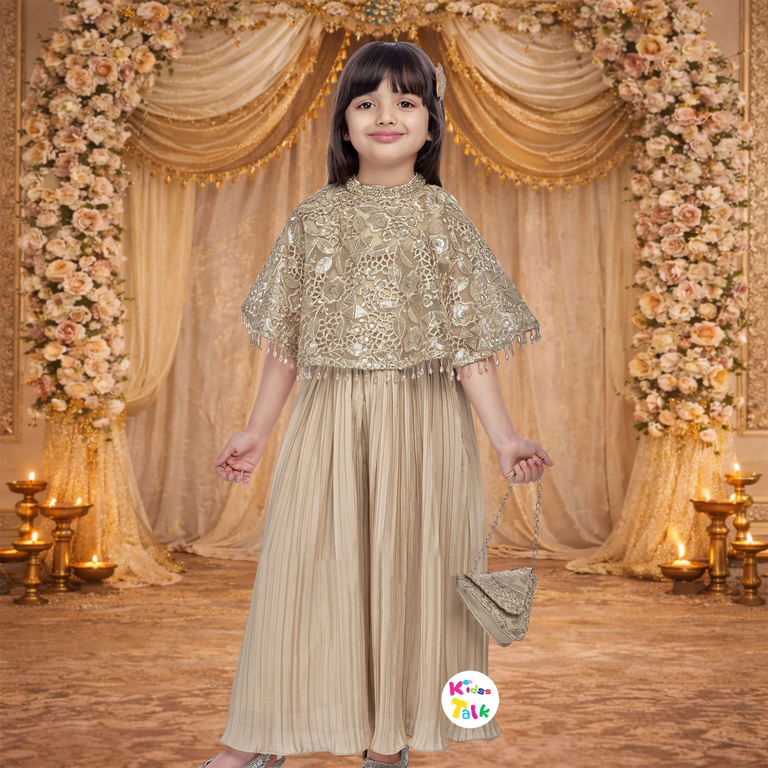 Satin Poncho Sleeve Zardhosi Work Top With Gharara & Dupatta - Beige