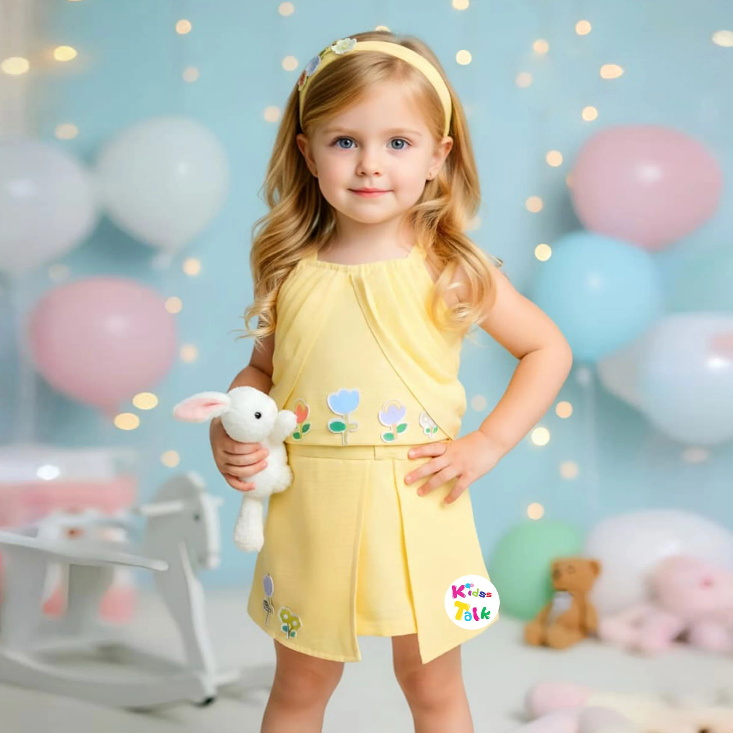 Cotton Sleeveless Cute Patch Work Top With Half Pant - Lemon Yellow