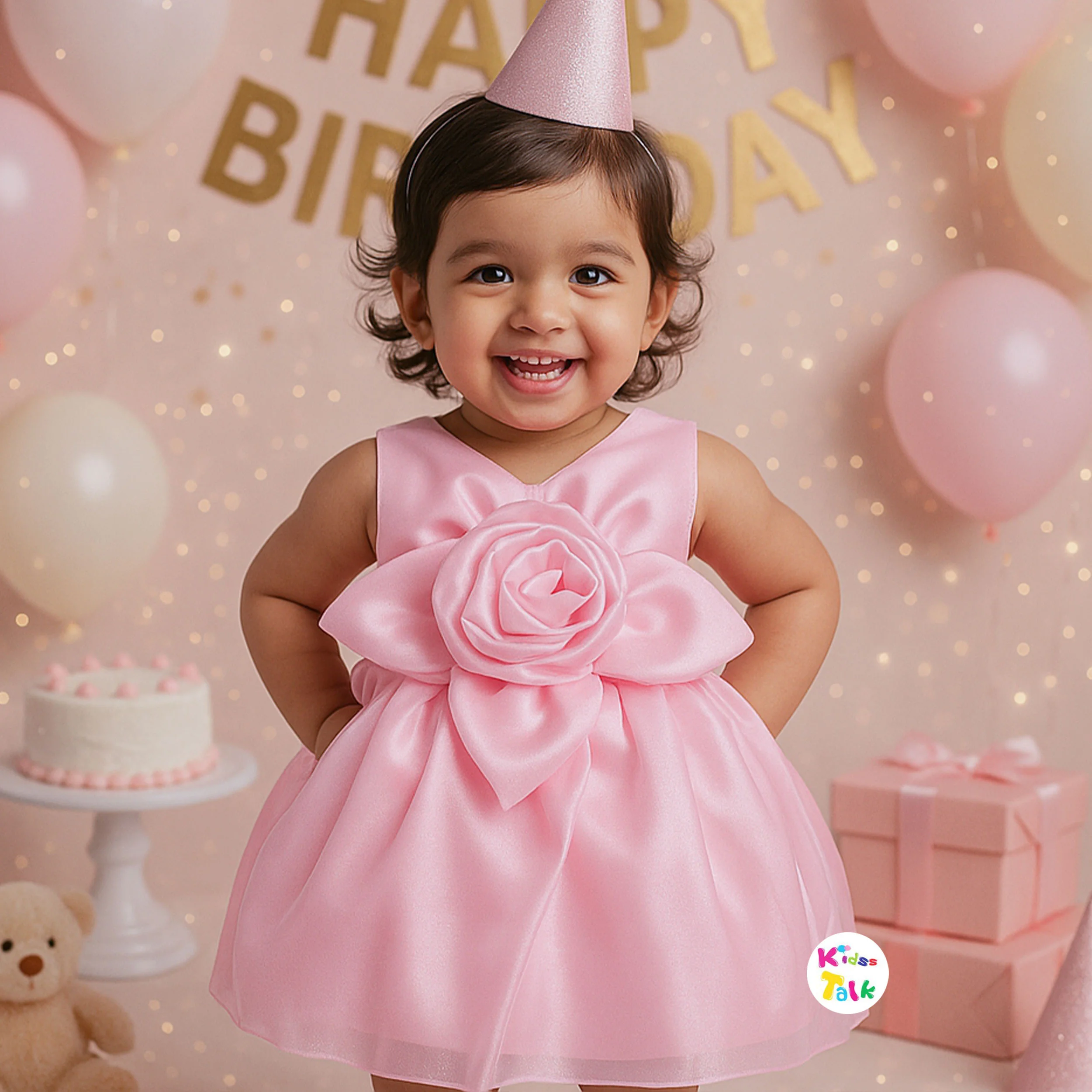 Satin Sleeveless Party Frock With Flower Applique - Baby Pink