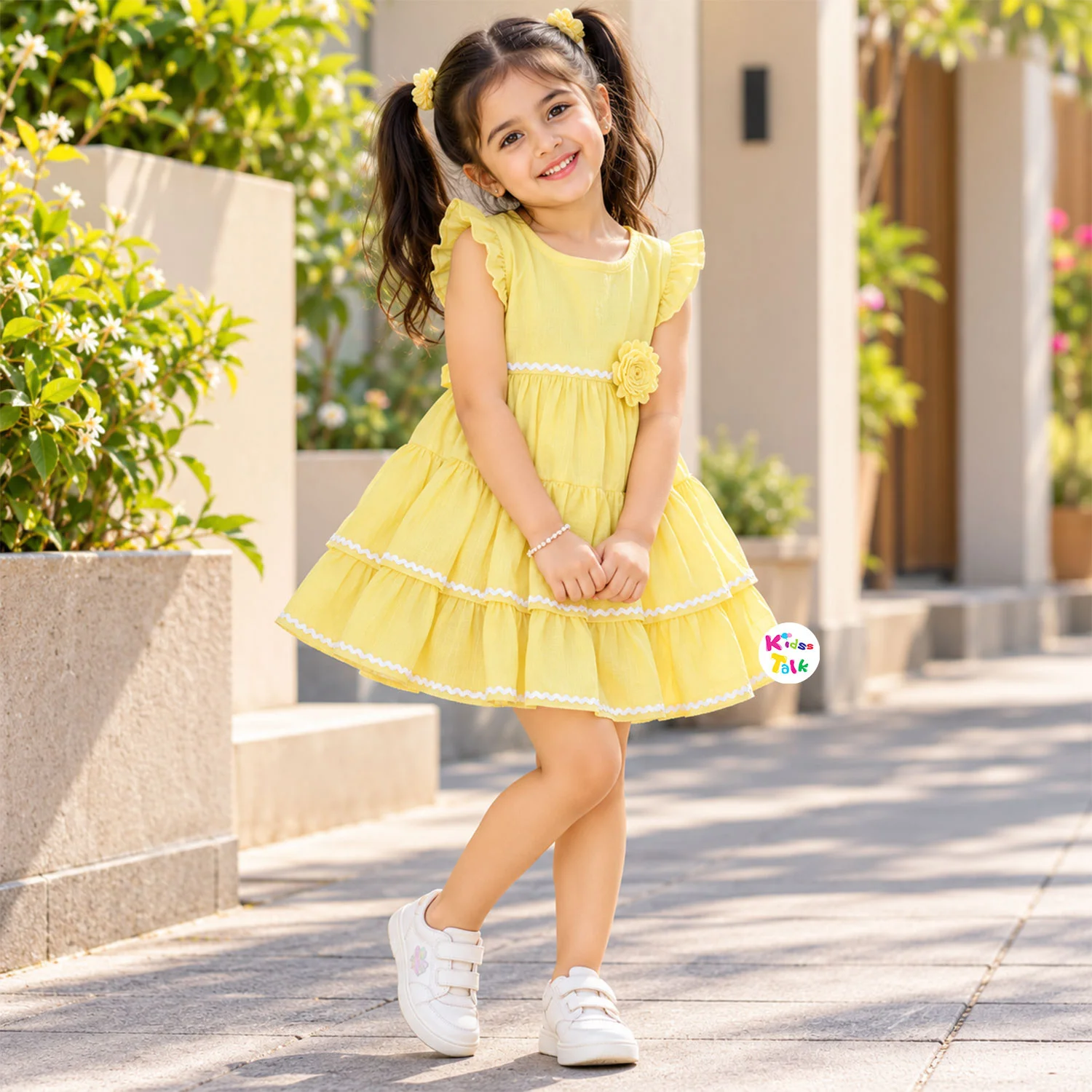 Muslin Ruffle Sleeve Frock Girls - Lemon Yellow