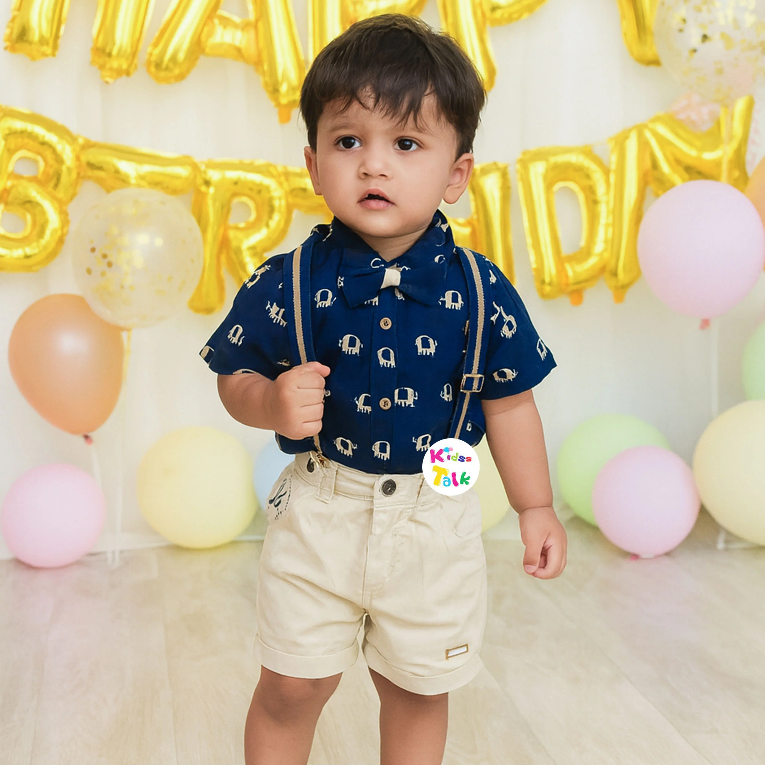 Cotton Half Sleeve Printed Shirt With Half Pant & Suspender - Navy Blue