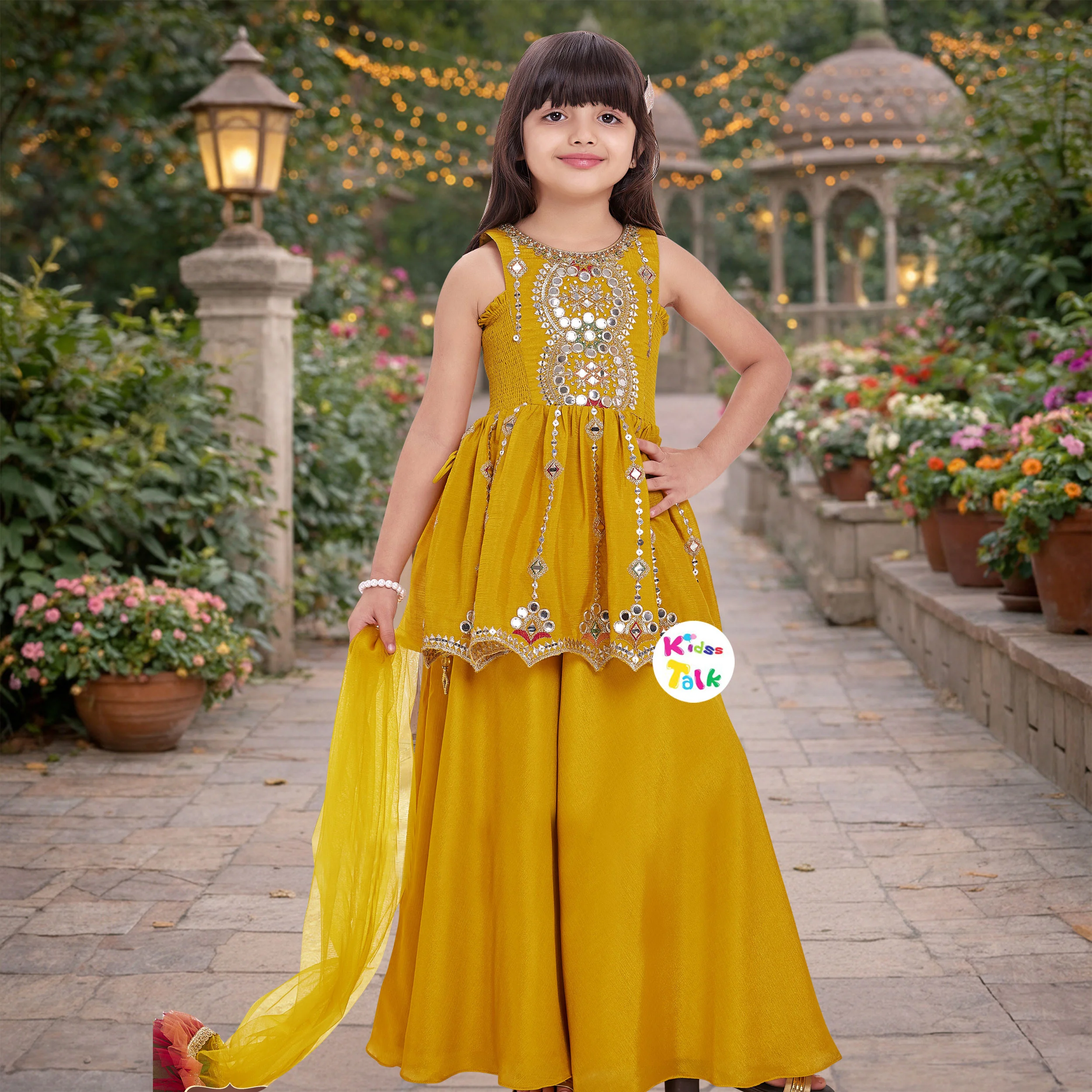 Georgette Sleeveless Kurta With Mirror Work & Gharara - Mustard