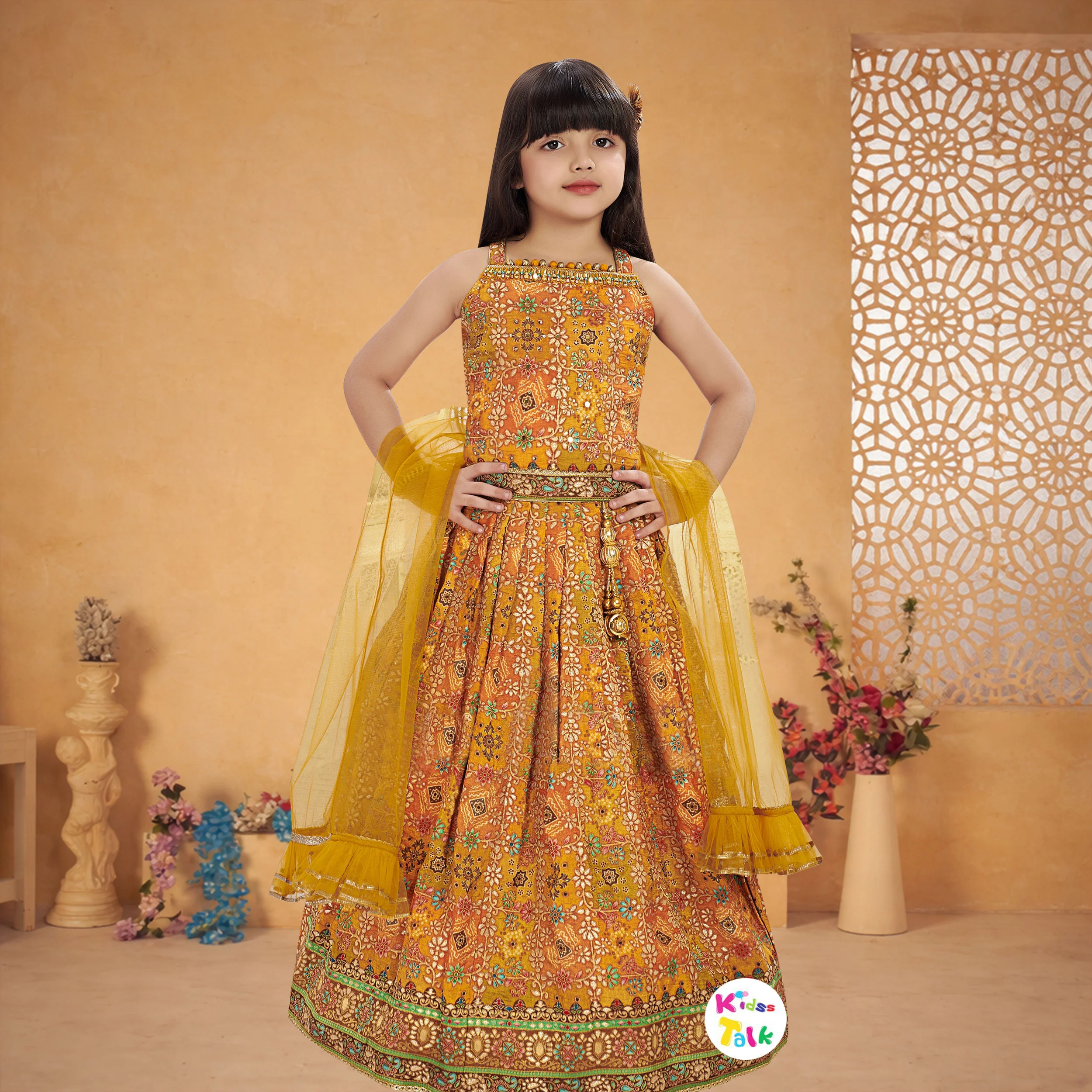 Silk Sleeveless Zardhosi Choli With Lehenga & Dupatta - Mustard