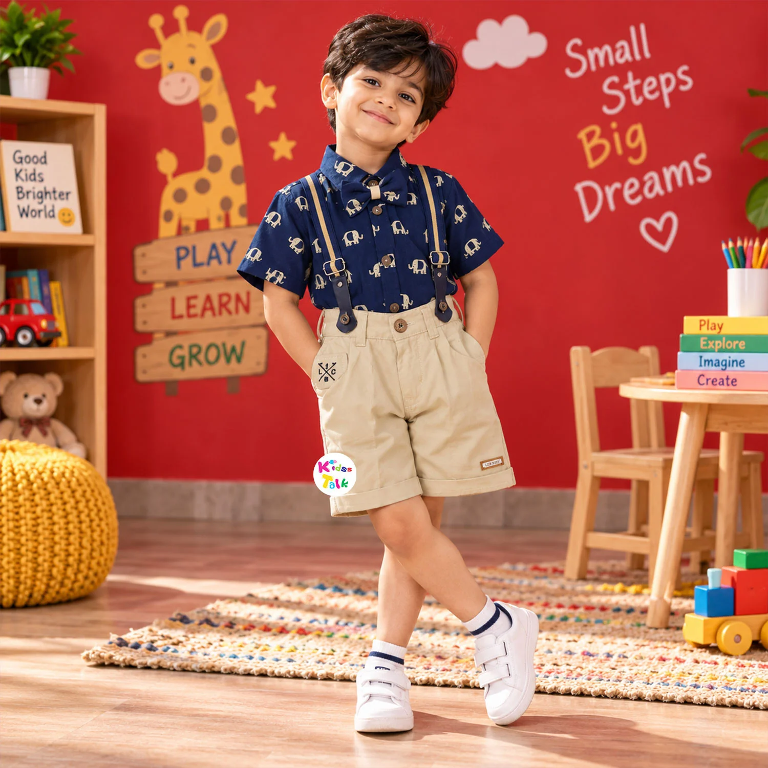 Cotton Half Sleeve Shirt With Half Pant & Suspender - Navy Blue