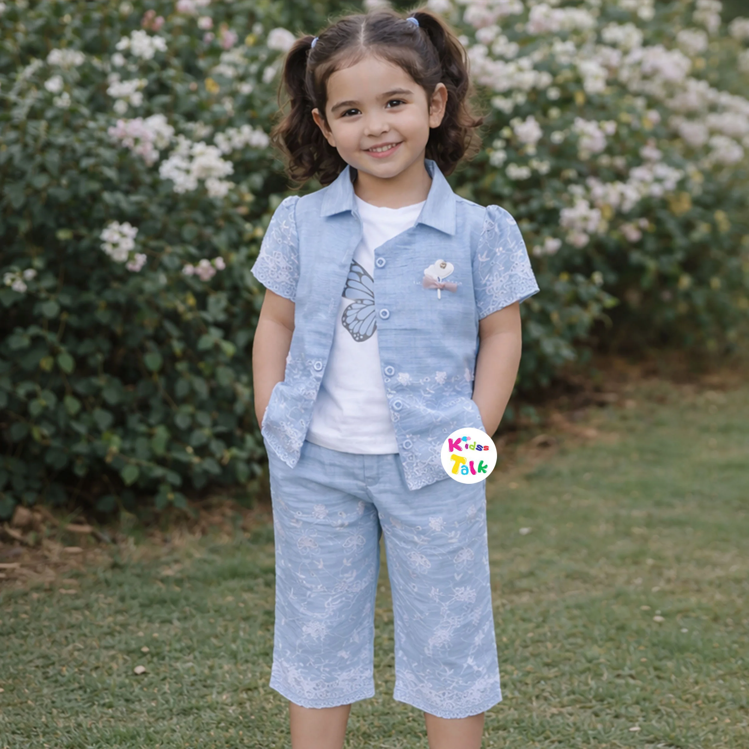 Cotton Half Sleeve Shirt With Tees With Embroidered & Culottes - Ice Blue