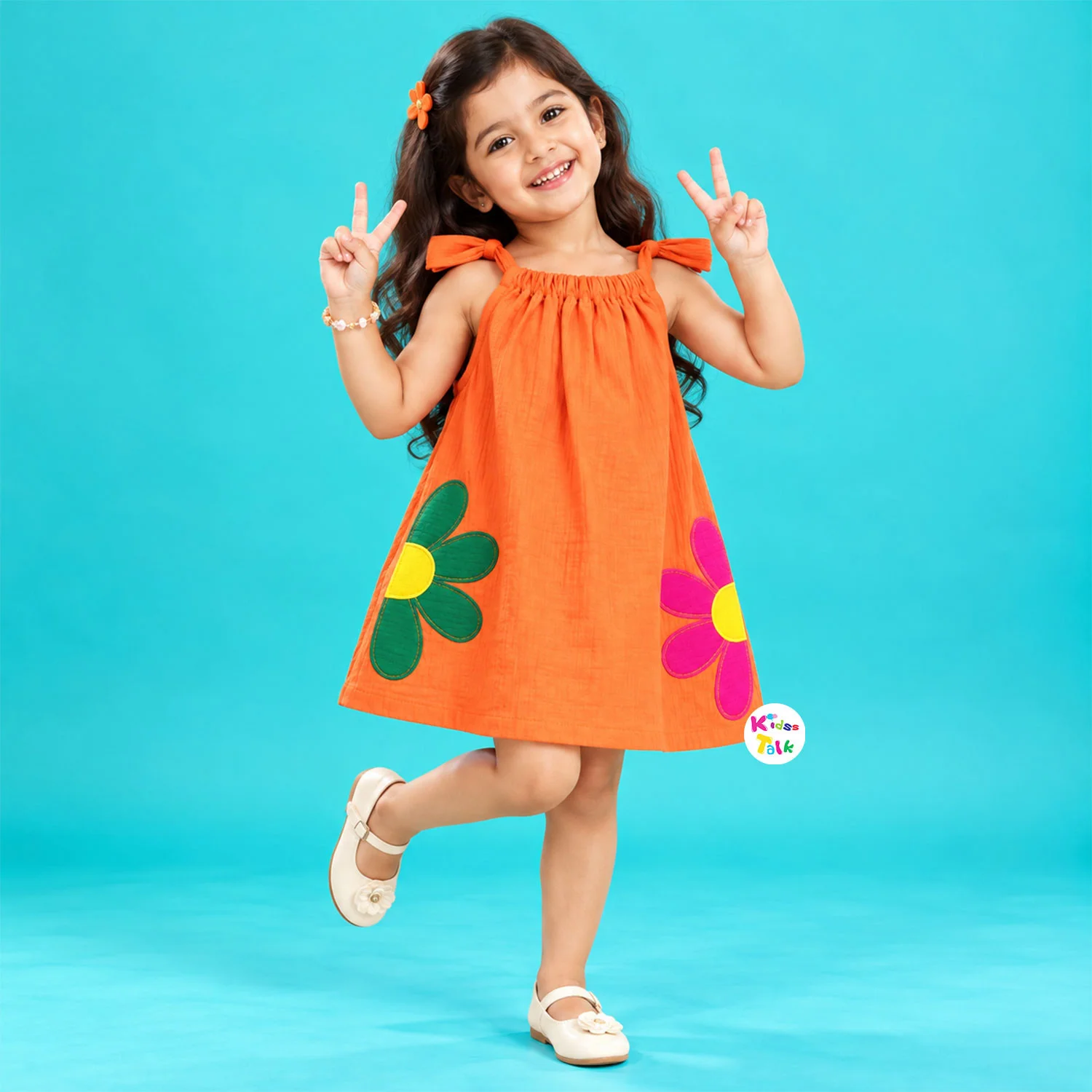 Cotton Sleeveless A-line Frock With Flower Patch Work - Orange