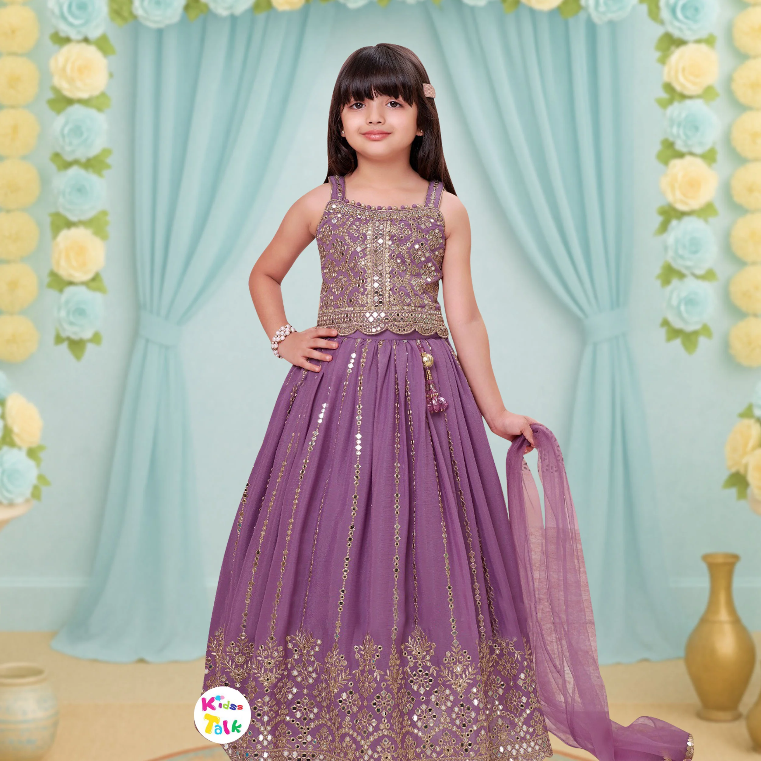 Tissue Sleeveless Mirrot Work Choli With Lehenga & Dupatta - Lavender