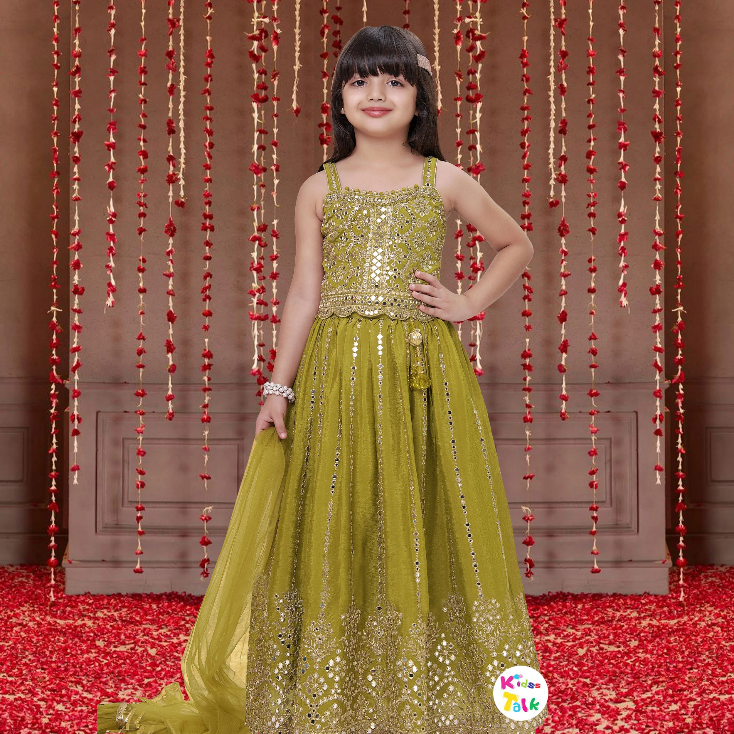 Silk Cotton Sleeveless Embroidered Work Choli With Lehenga & Dupatta - Pista Green