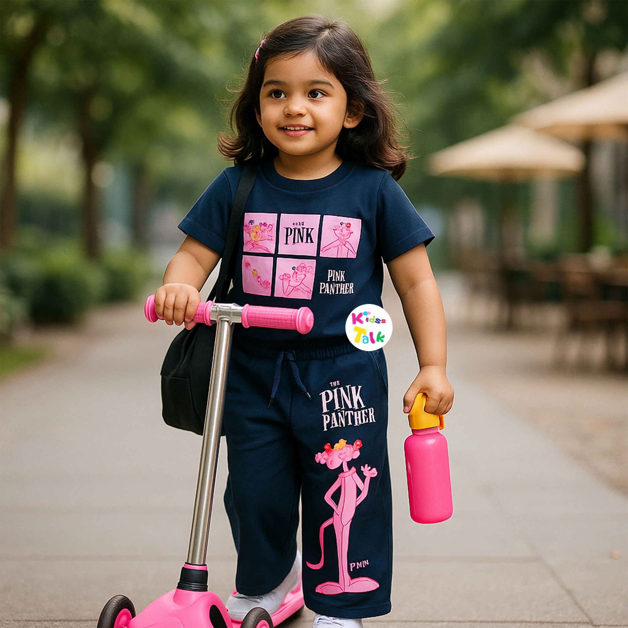 Cute Cotton Knitted Half Sleeve Top With Full Pant - Black