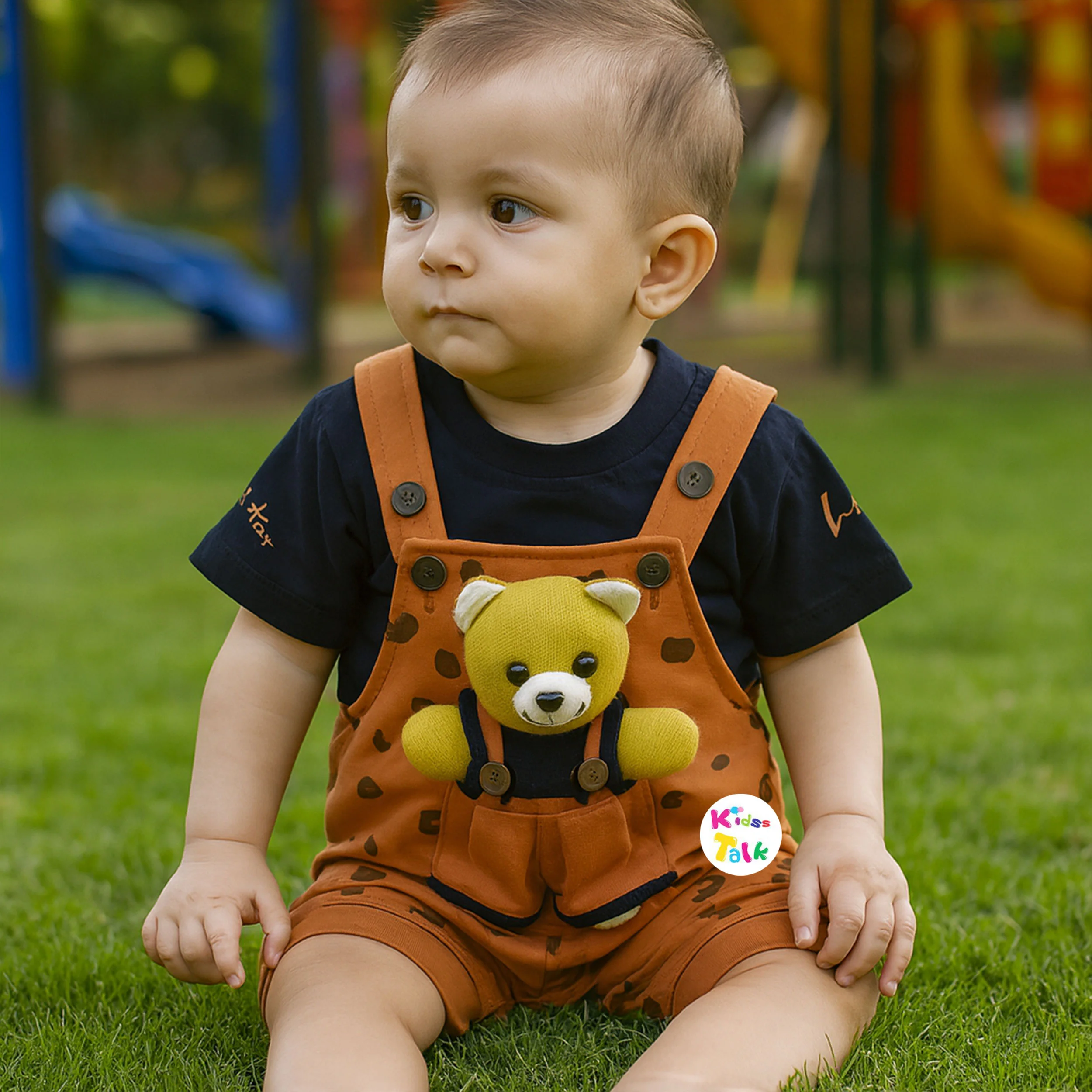 Cute Cotton Knitted Half Sleeve Dungaree Set- Brown
