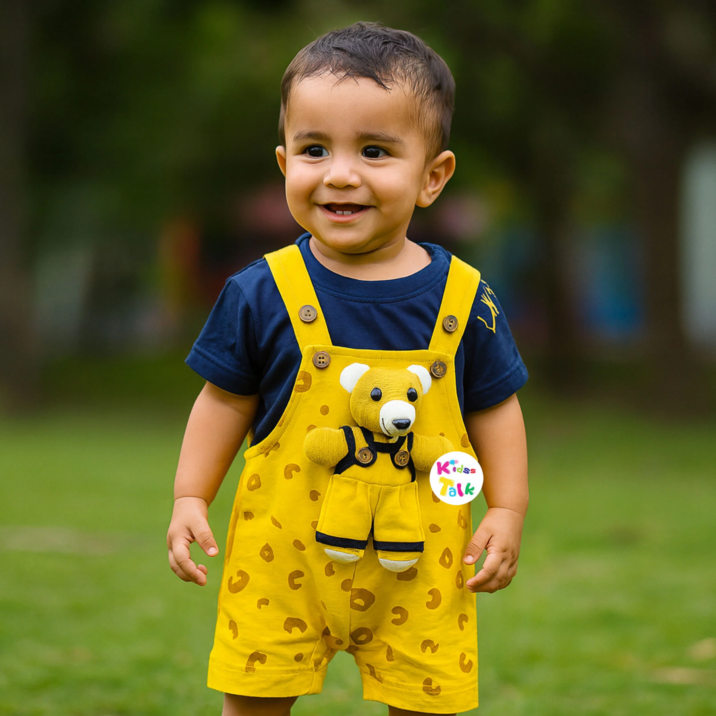 Cute Cotton Knitted Half Sleeve Dungaree Set- Mustard