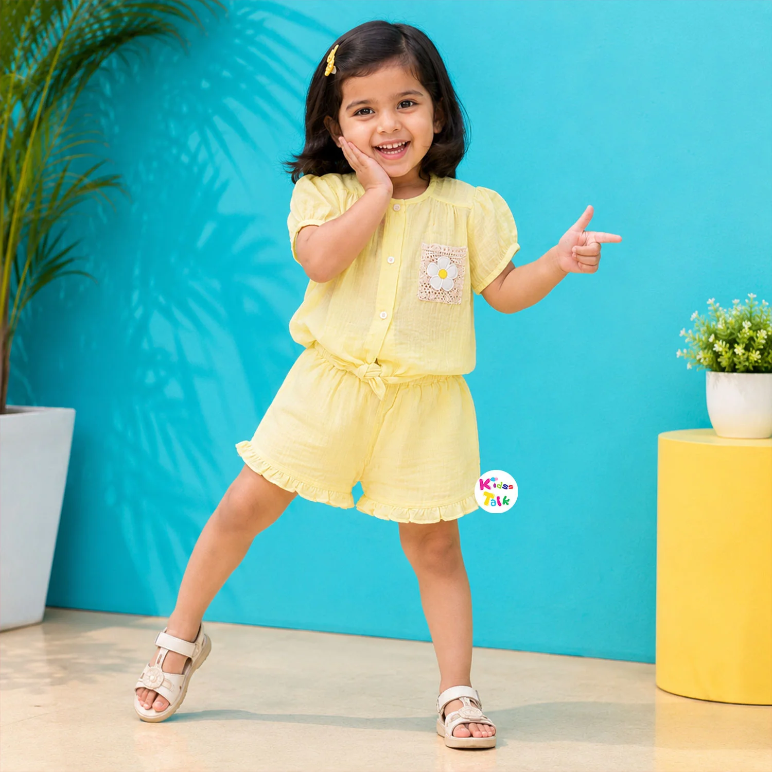 Muslin Half Sleeve Half Pant Set Girls - Lemon Yellow