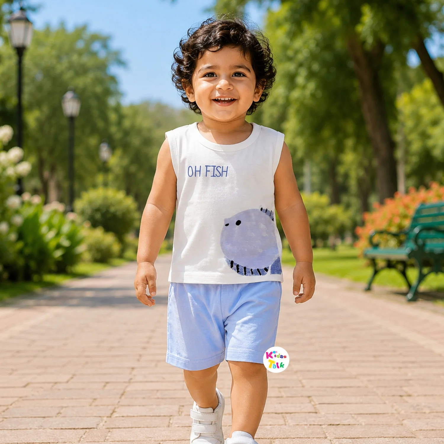 Cotton Half Sleeve T-shirt Set With Cute All Over Print - Ice Blue