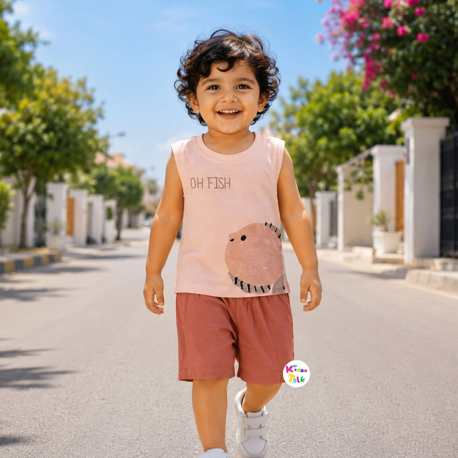 Cotton Half Sleeve T-shirt Set With Cute All Over Print - Peach