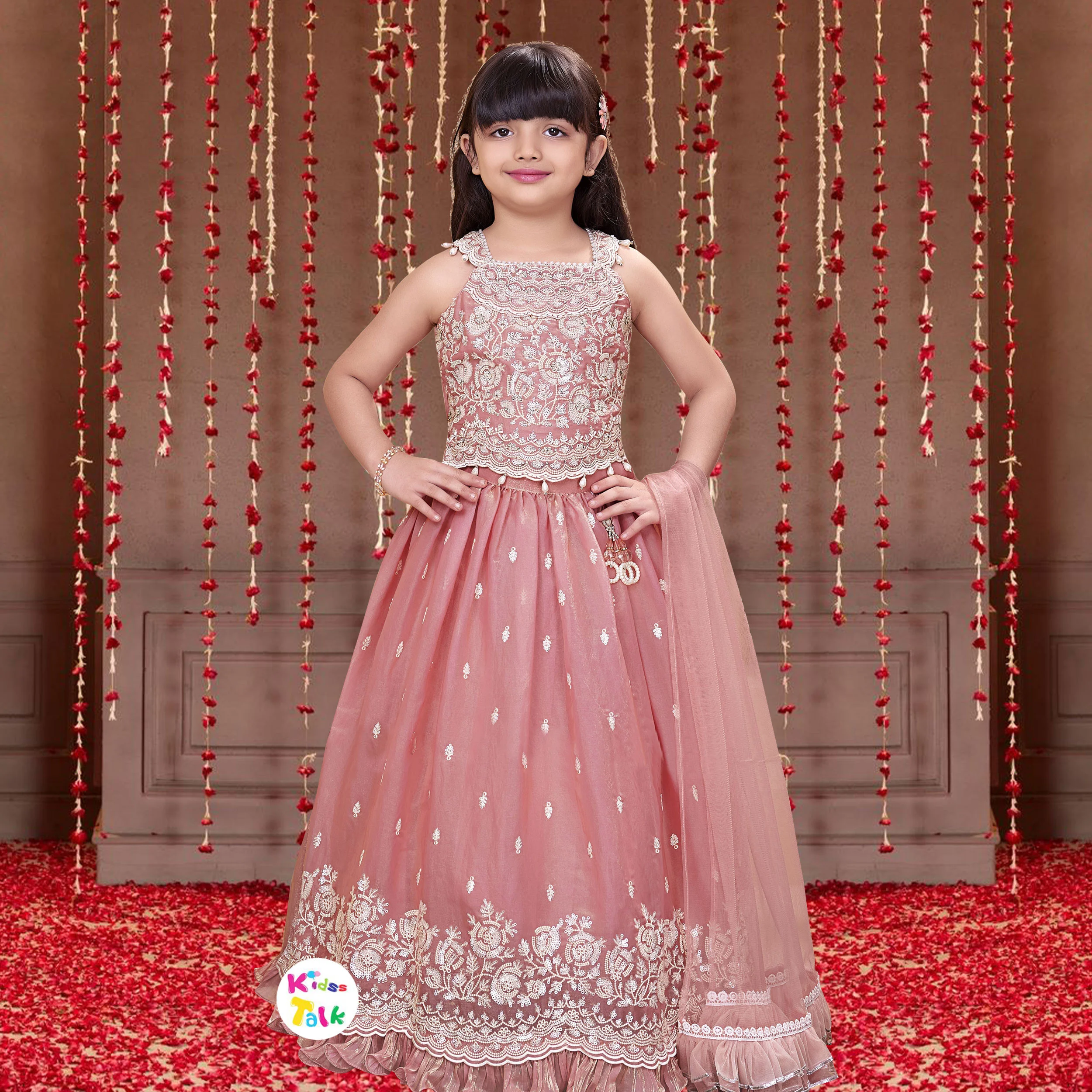 Silk Sleeveless Embroidered Work Choli With Lehenga & Dupatta - Peach