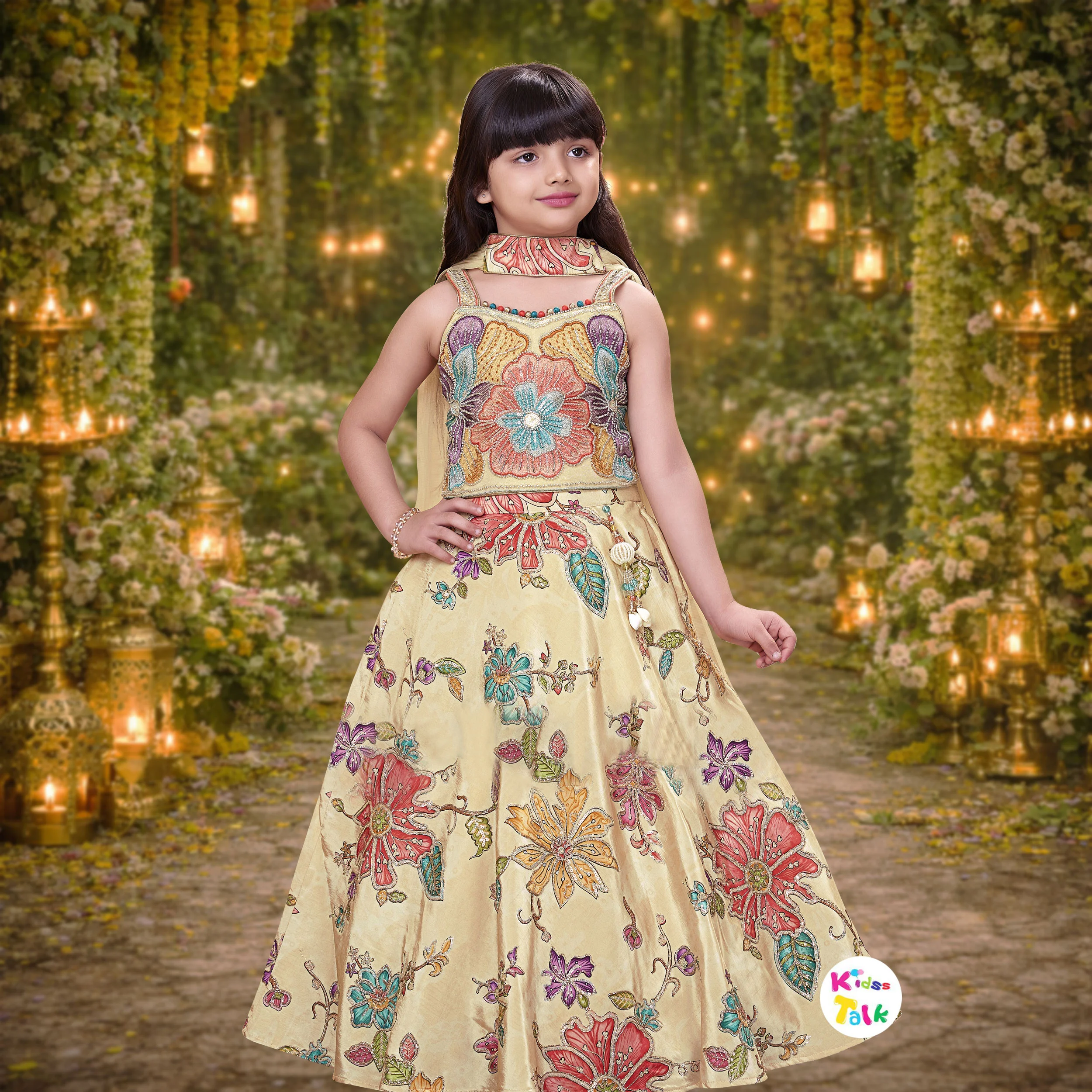 Silk Sleeveless Embroidered Work Choli With Lehenga & Dupatta - Golden