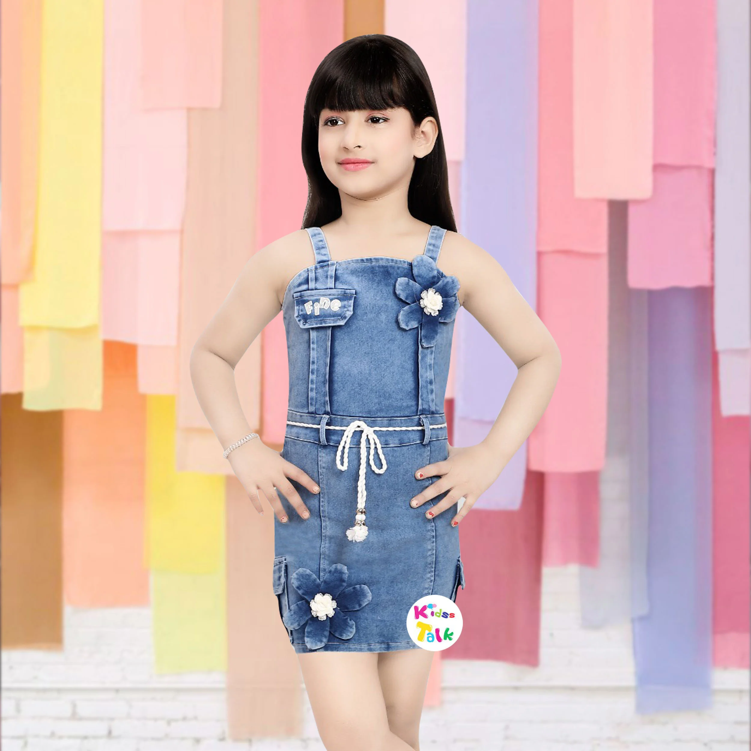 Denim Sleeveless Frock With Flower Applique - Denim Blue