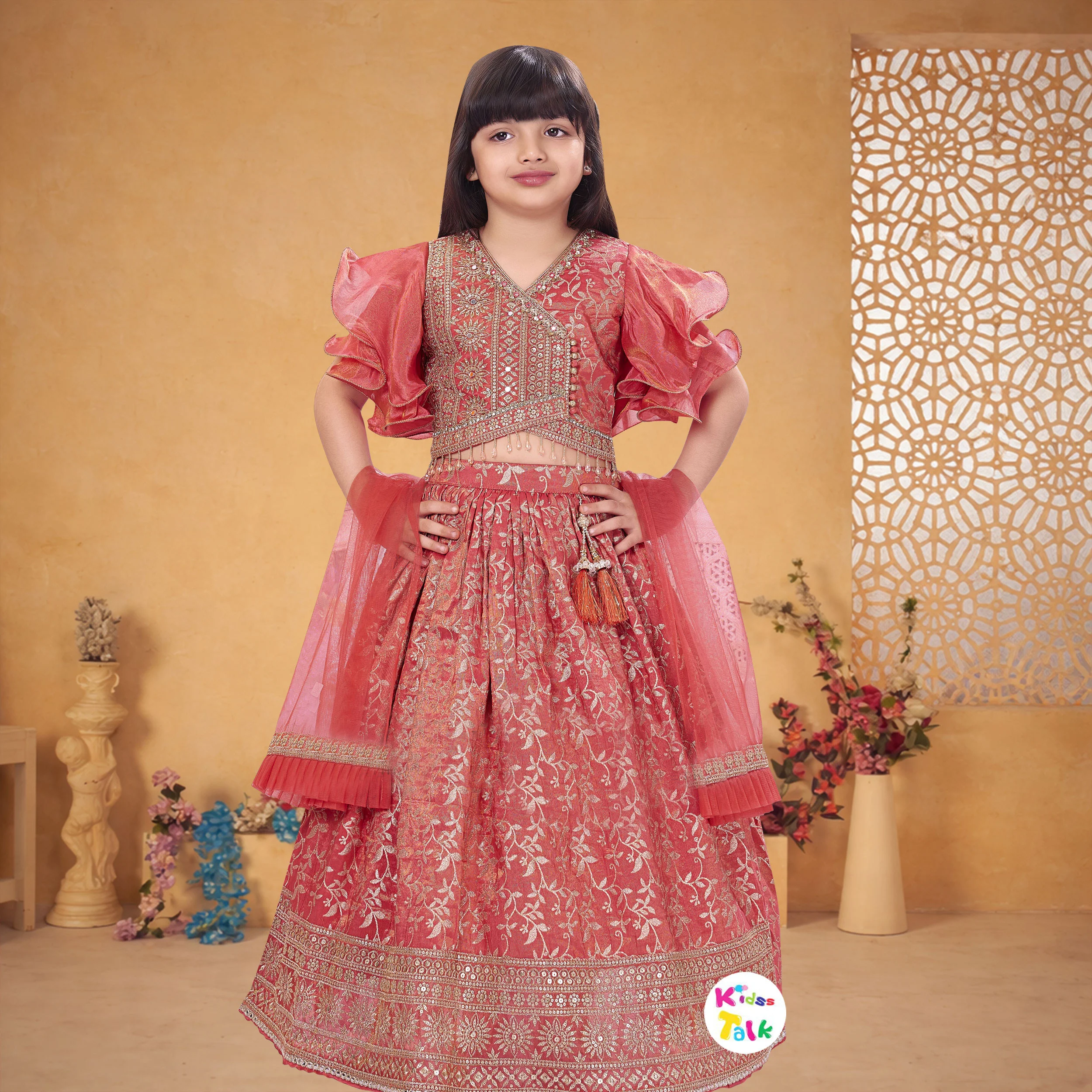 Silk Cotton Half Sleeve Zardhosi Work Choli With Lehenga & Dupatta - Tomato Red