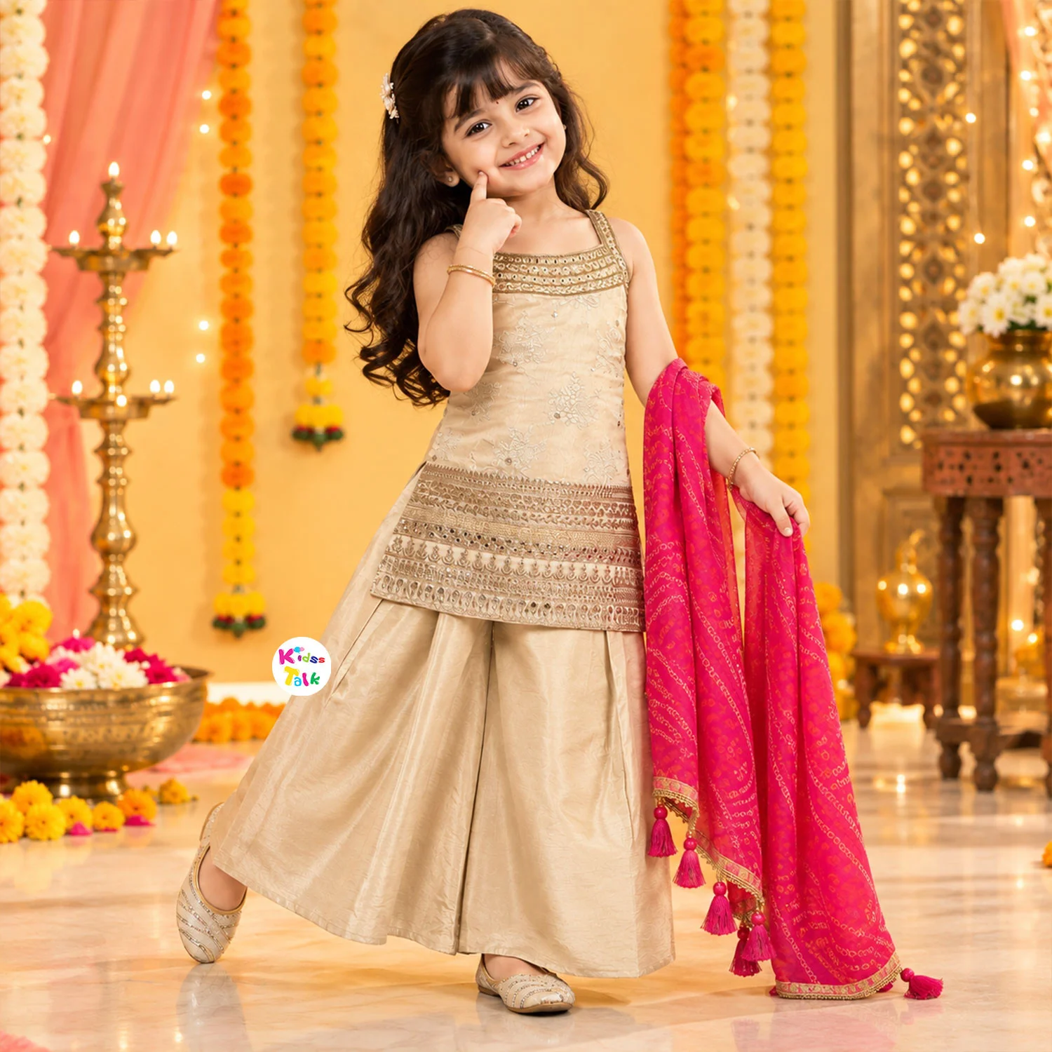 Tissue Sleeveless Sequins Work Kurta With Gharara & Dupatta - Beige