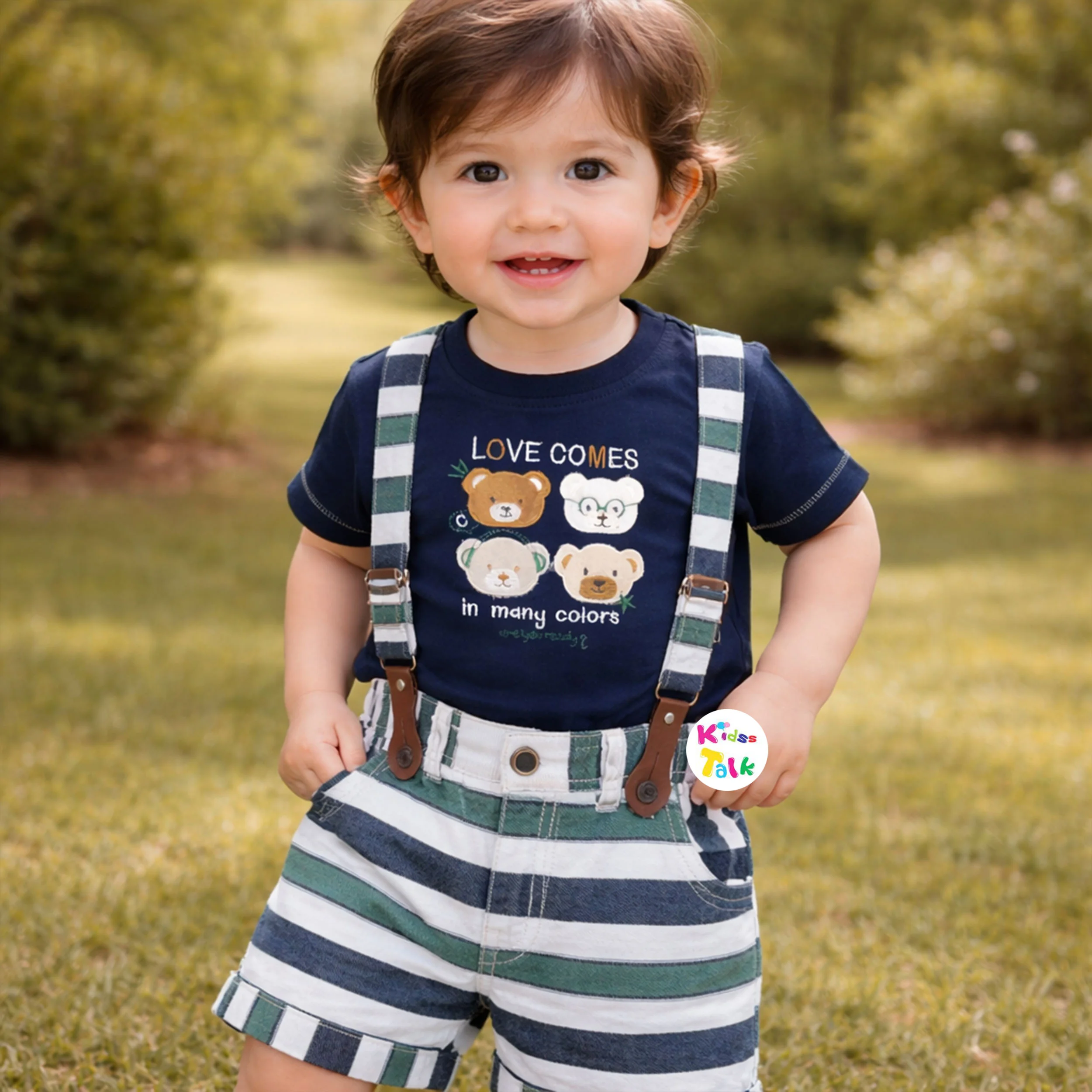Cotton Knitted Half Sleeve T-shirt With Suspender - Navy Blue
