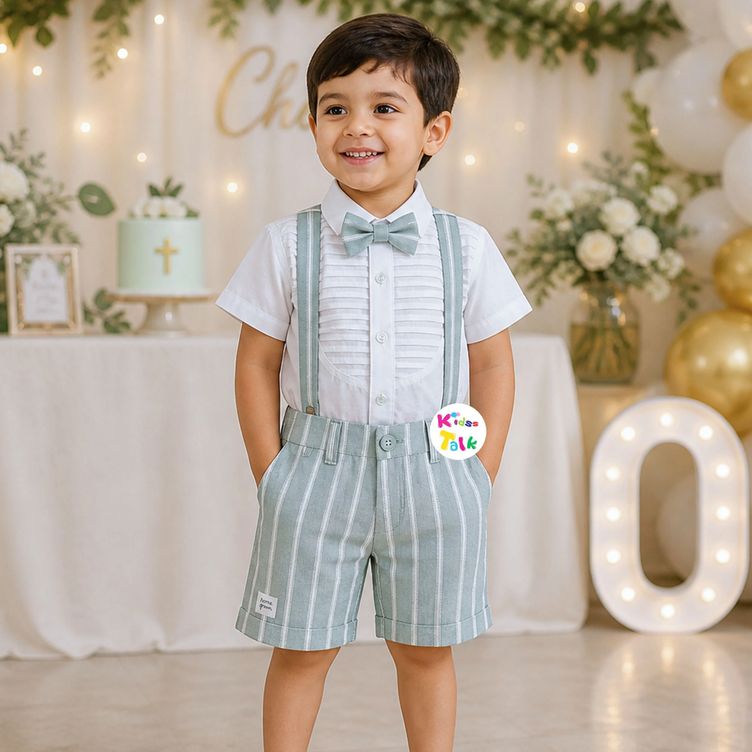 Cotton Half Sleeve Printed Shirt With Half Pant & Suspender - Olive Green
