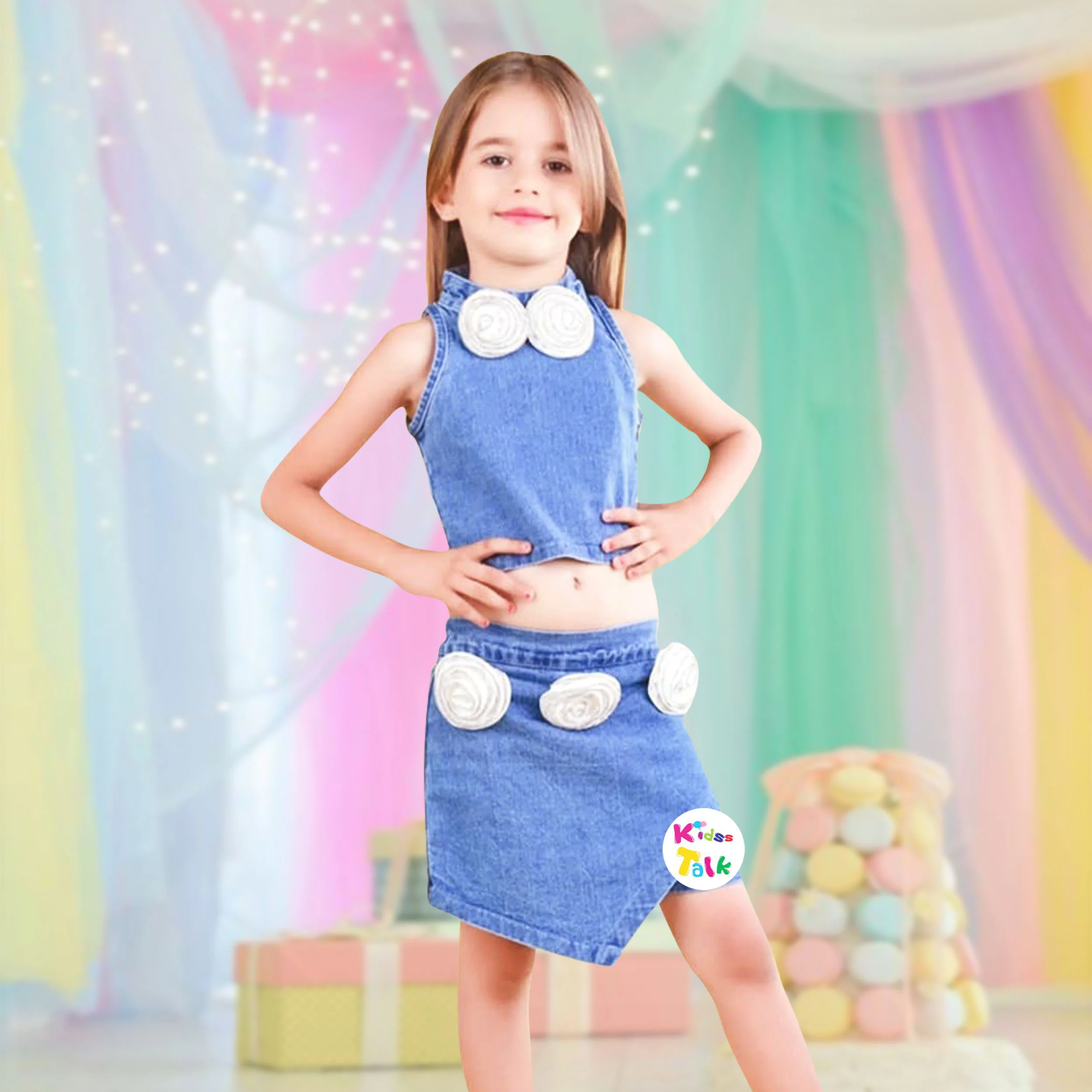 Denim Sleeveless Top With Flower Applique & Skort - Denim Blue