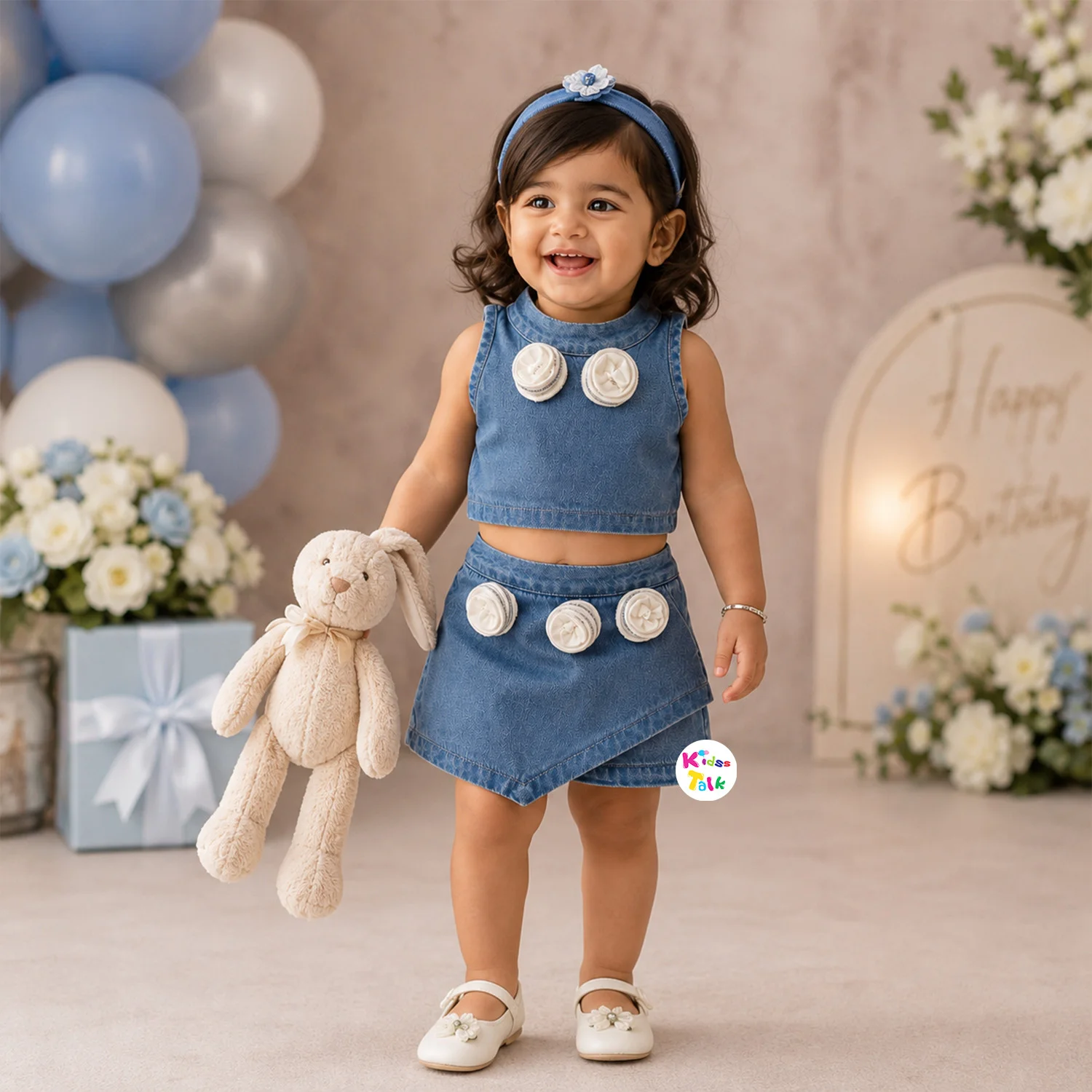 Denim Sleeveless Top With Flower Applique & Skort - Denim Blue