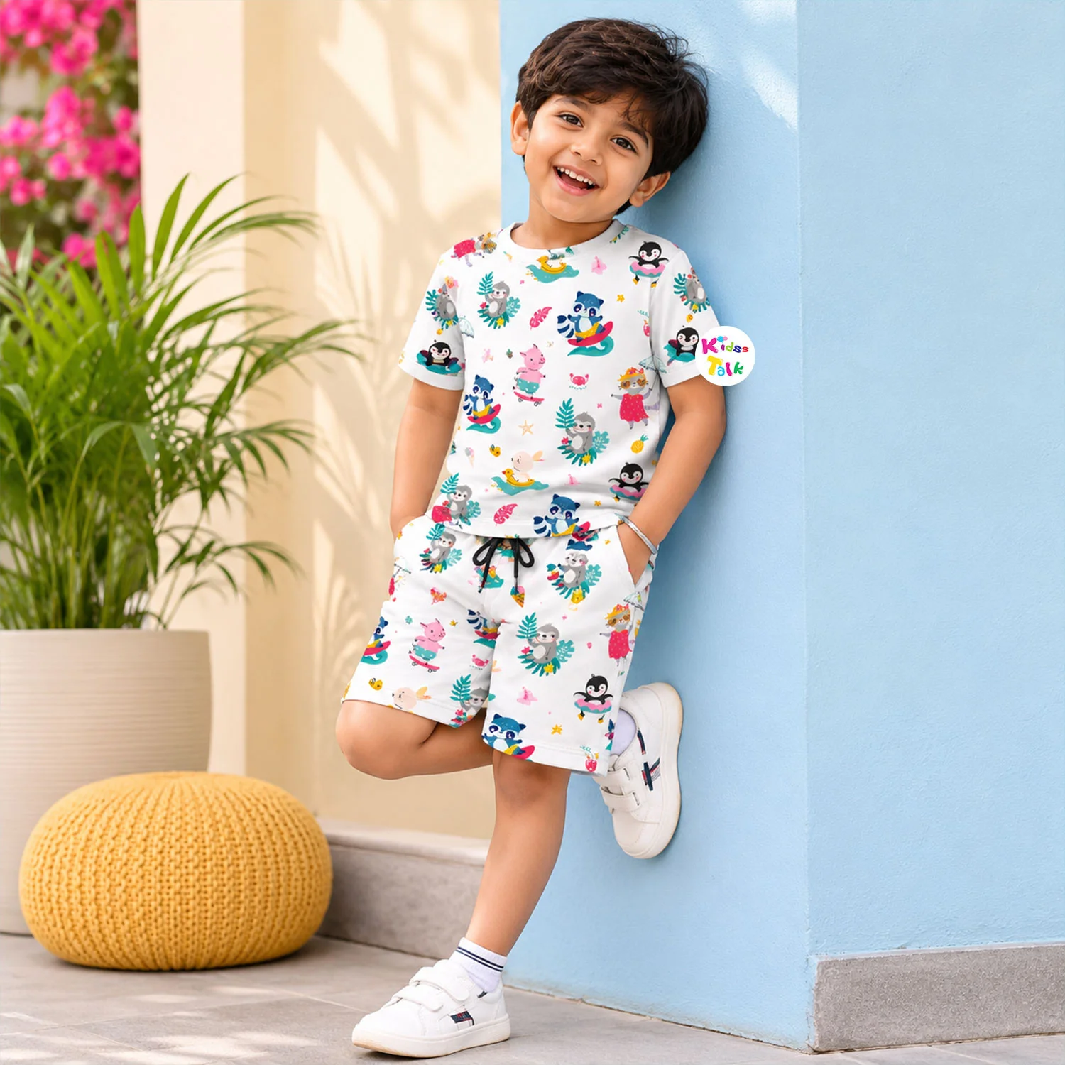 Cotton Knitted Half Sleeve T-shirt Set With Beach Animal All Over Print - White