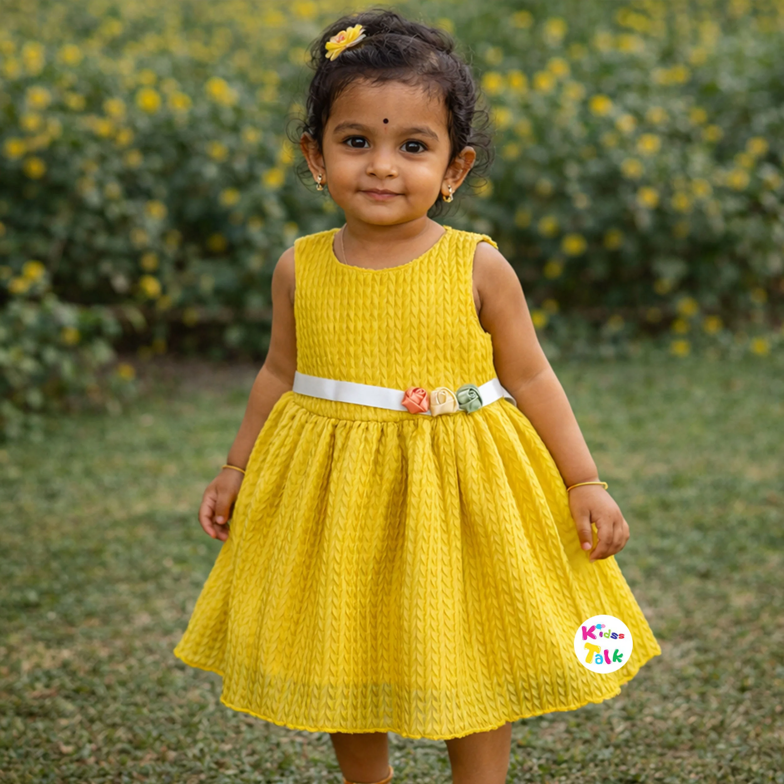 Cute Sleeveless Frock With Flower Patch Work - Mustard