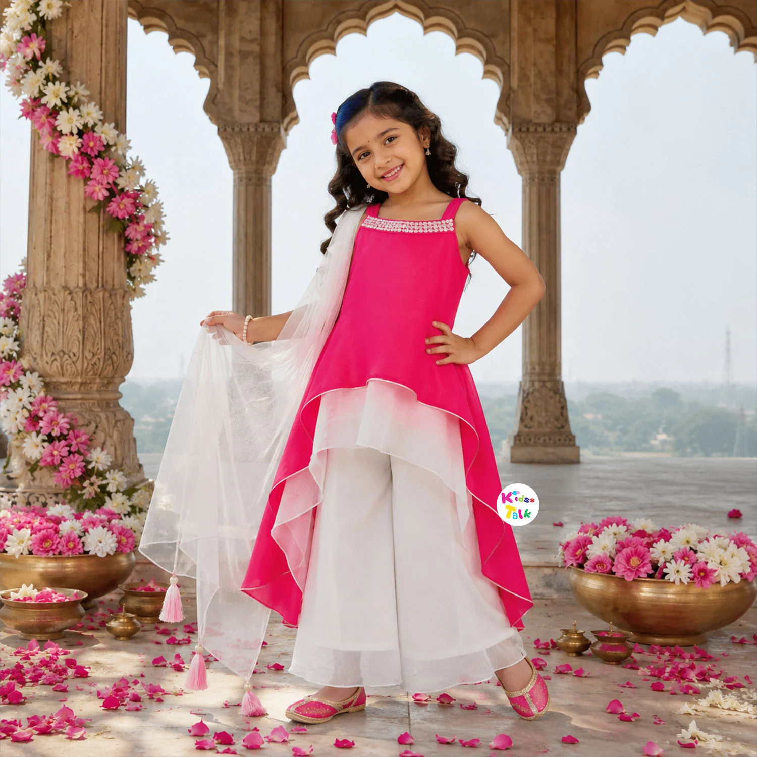 Georgette Sleeveless Top With Sequins Work & Gharara - Flamingo Pink