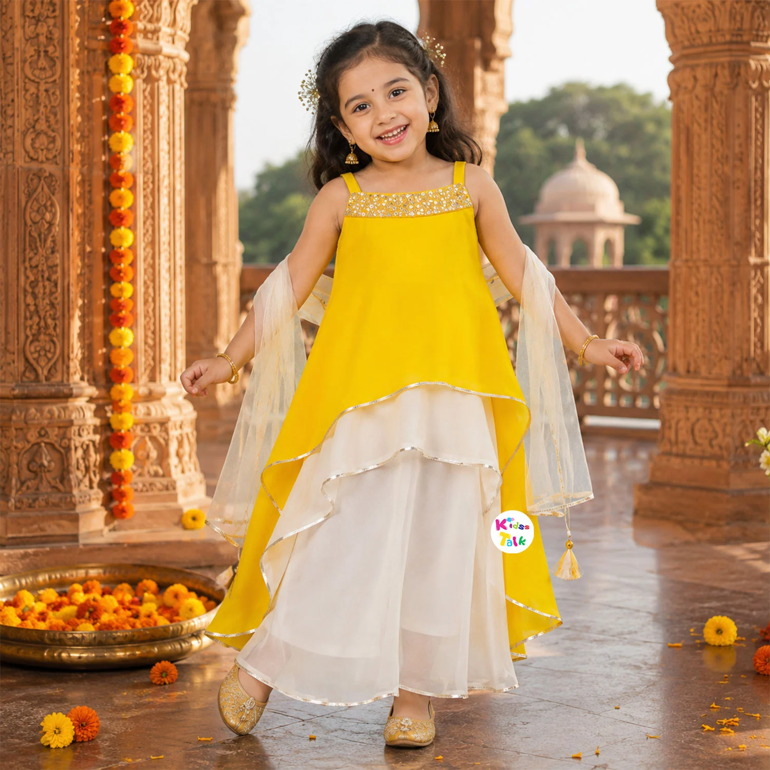 Georgette Sleeveless Top With Sequins Work & Gharara - Lemon Yellow