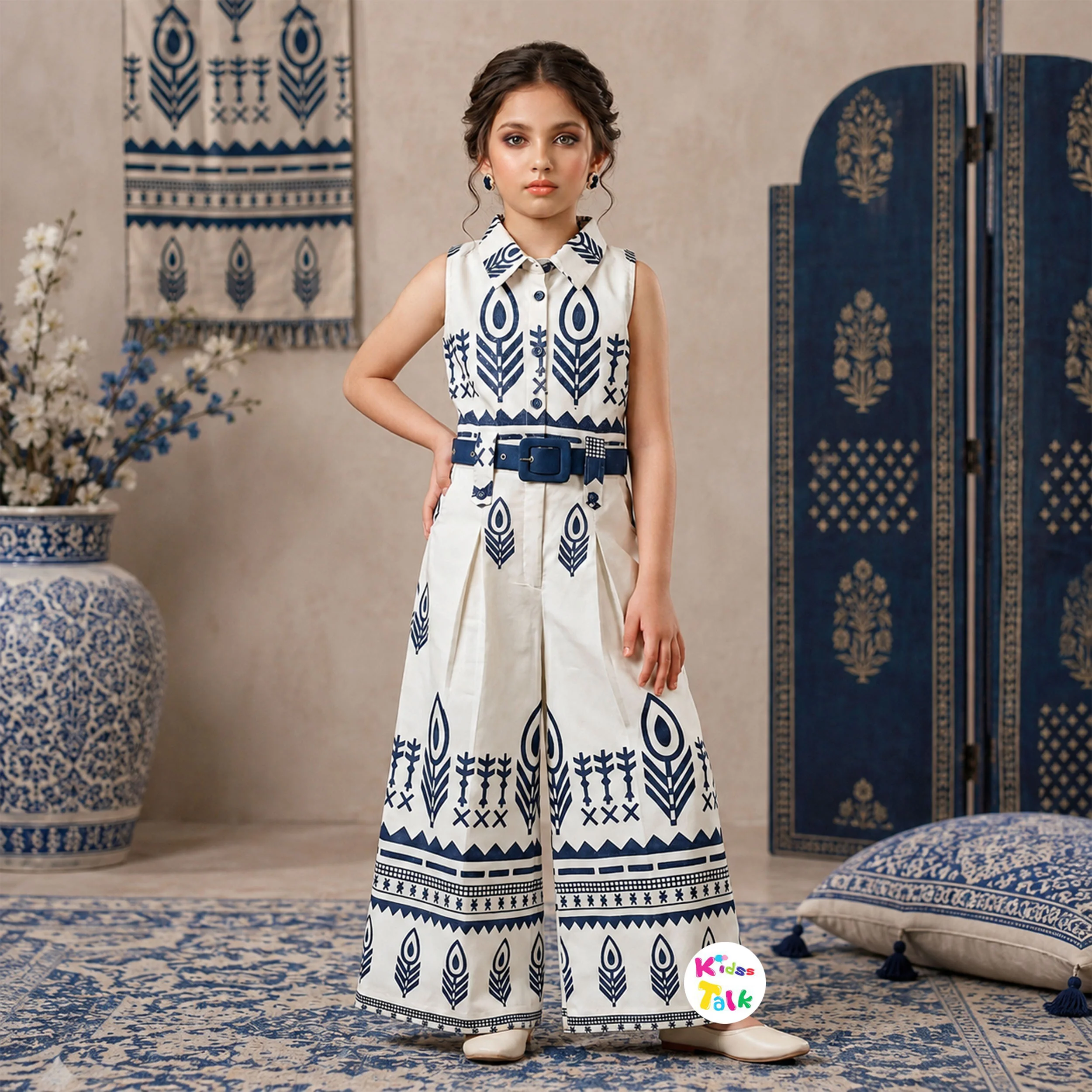 Cotton Sleeveless Jumpsuit With Cute Print- White
