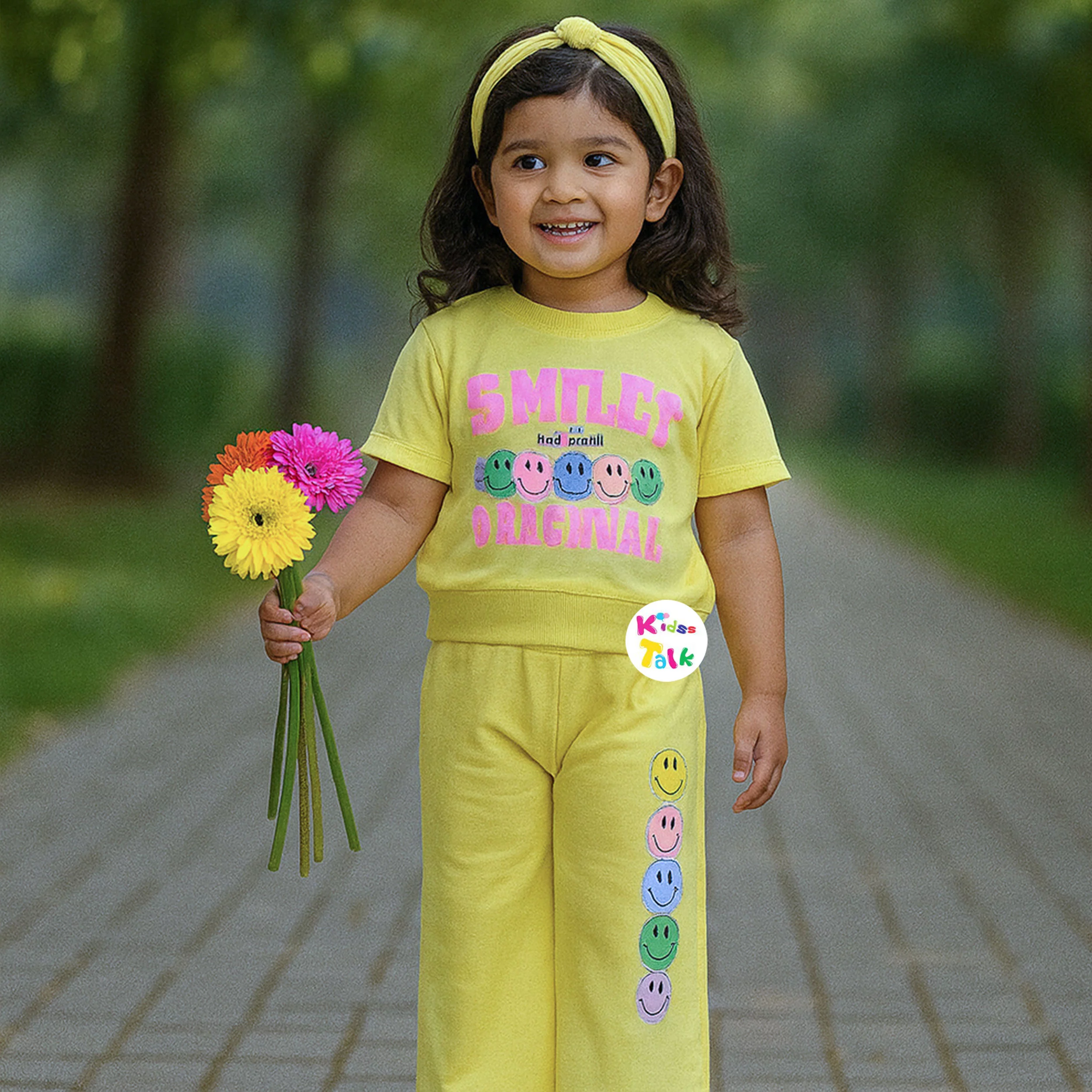 Cute Cotton Knitted Half Sleeve Top With Full Pant - Lemon Yellow