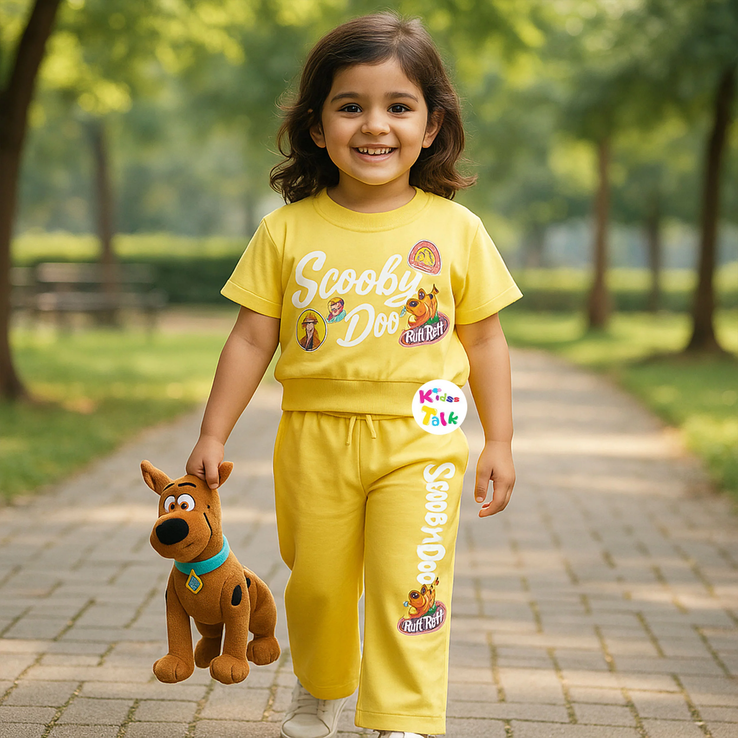 Cute Cotton Knitted Half Sleeve Top With Full Pant - Lemon Yellow