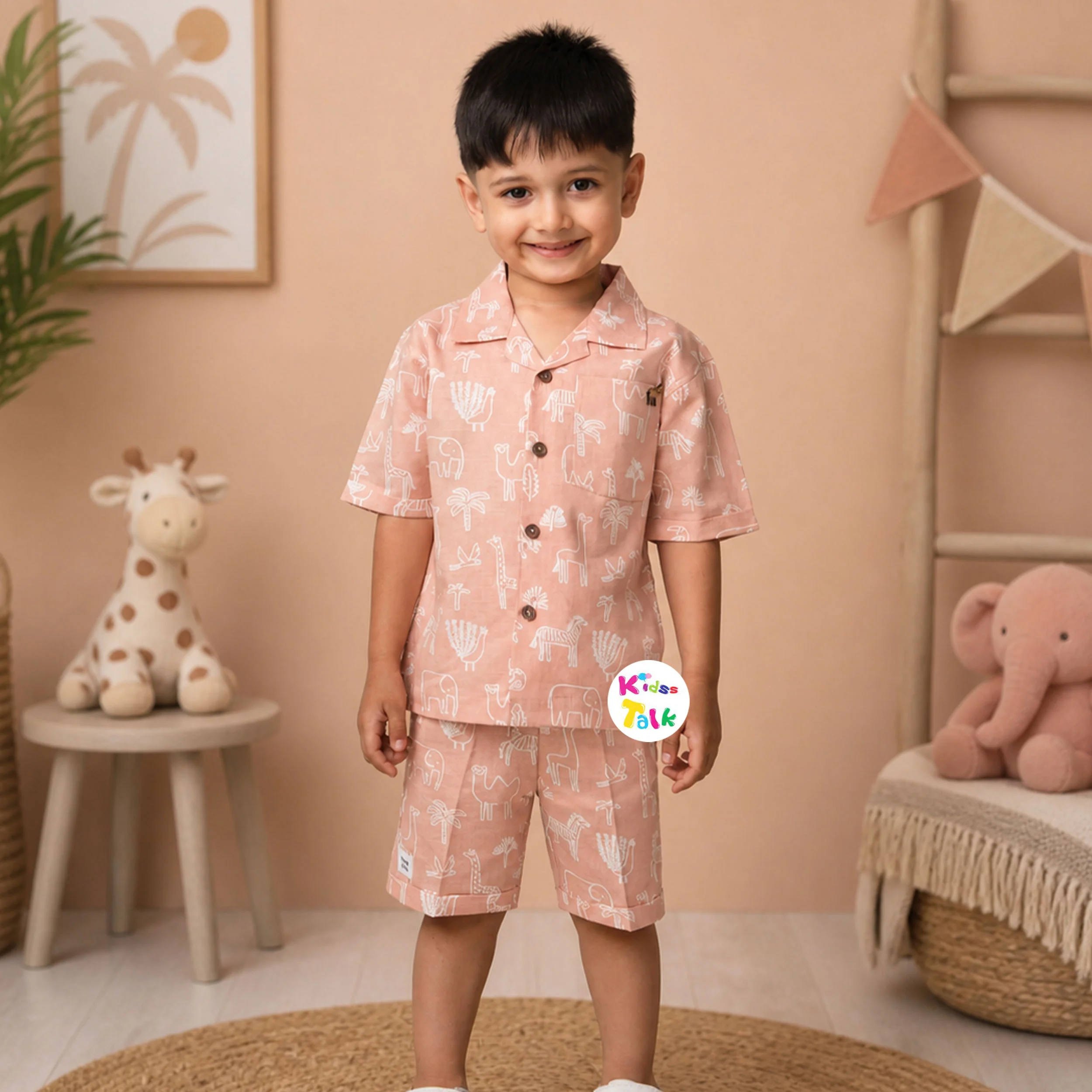 Cotton Half Sleeve Printed Shirt & Half Pant - Peach