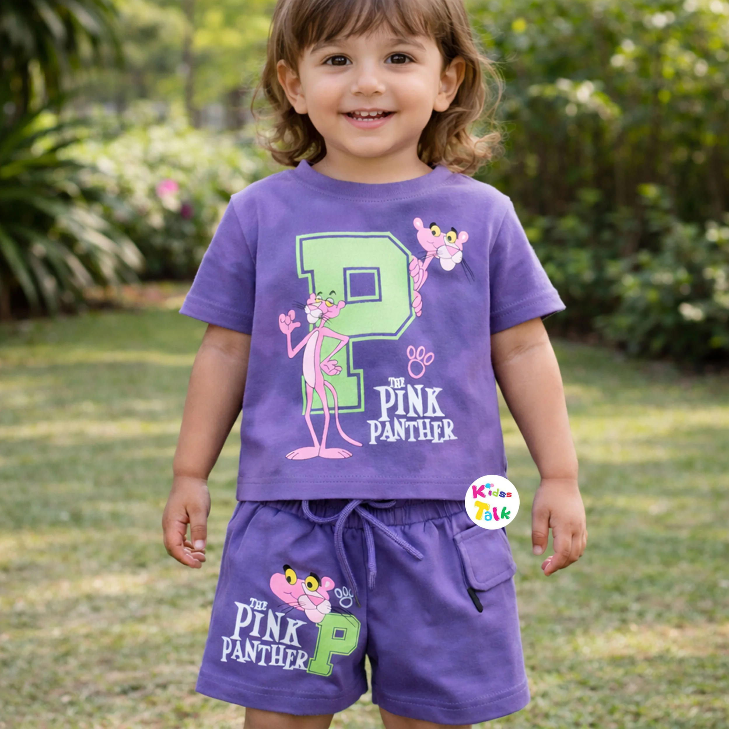Cotton Knitted Half Sleeve T-shirt Set With Cute Printed - Purple