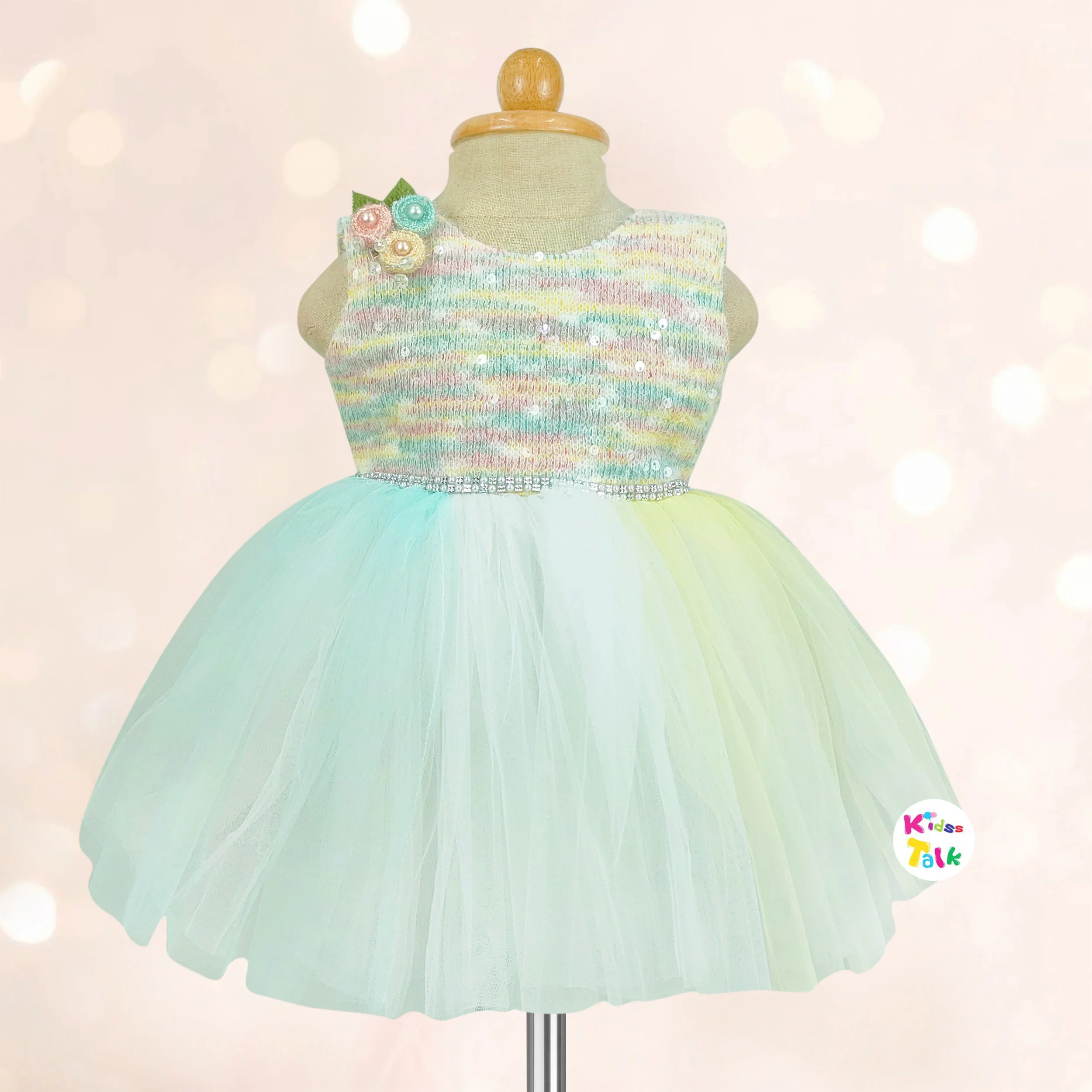 Net Sleeveless Party Frock With Flower - Multicolour